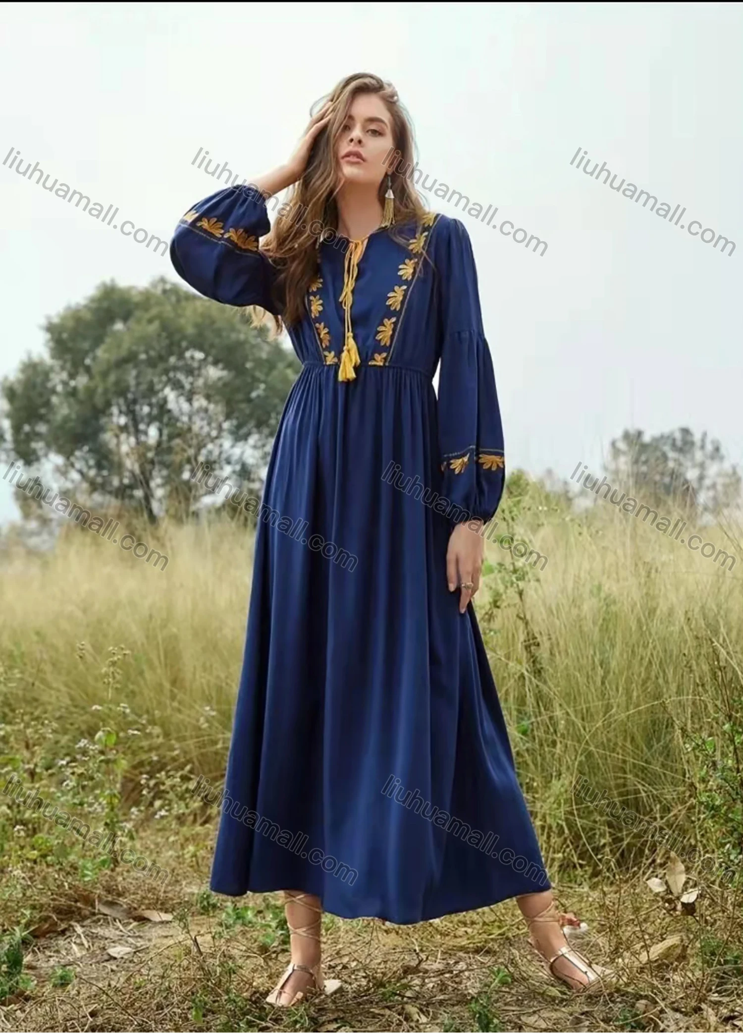 Wholesale Women's Casual Keyhole-Neck Marie Sleeve Lace Up Floral Print Elastic Waist Ruffle Hem Midi Dress AY214# - Liuhuamall