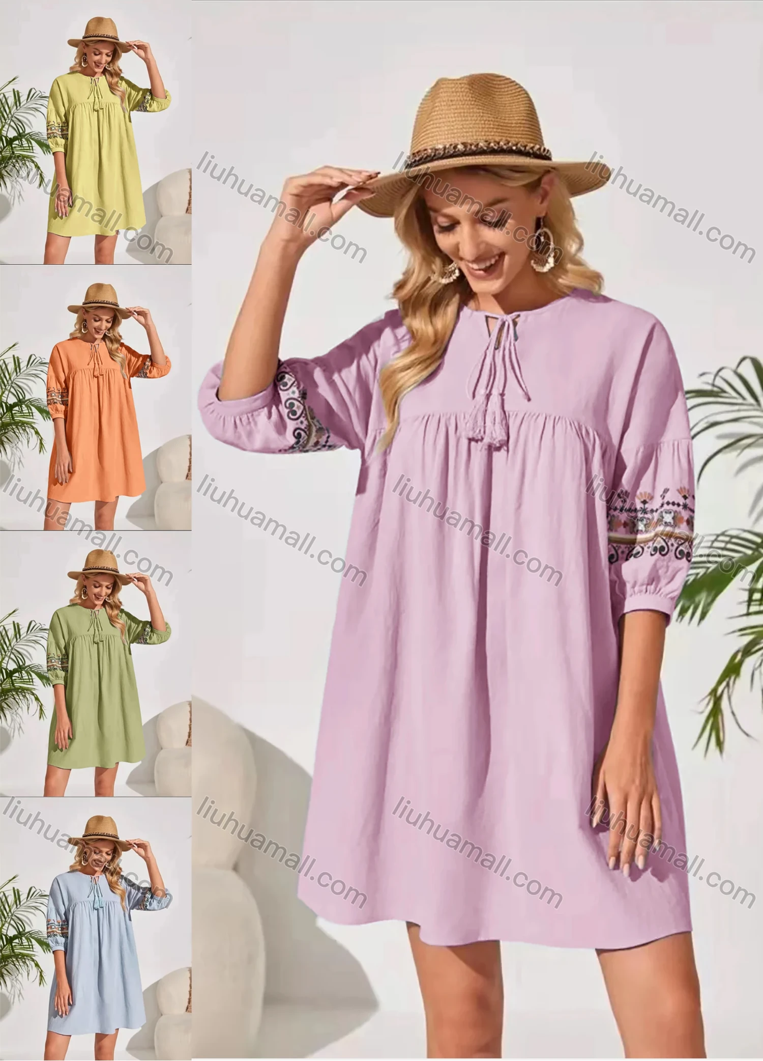 Wholesale Women's Keyhole-Neck Lantern Sleeve Lace Up Folkloric Print Casual Short Dress AY215# - Liuhuamall