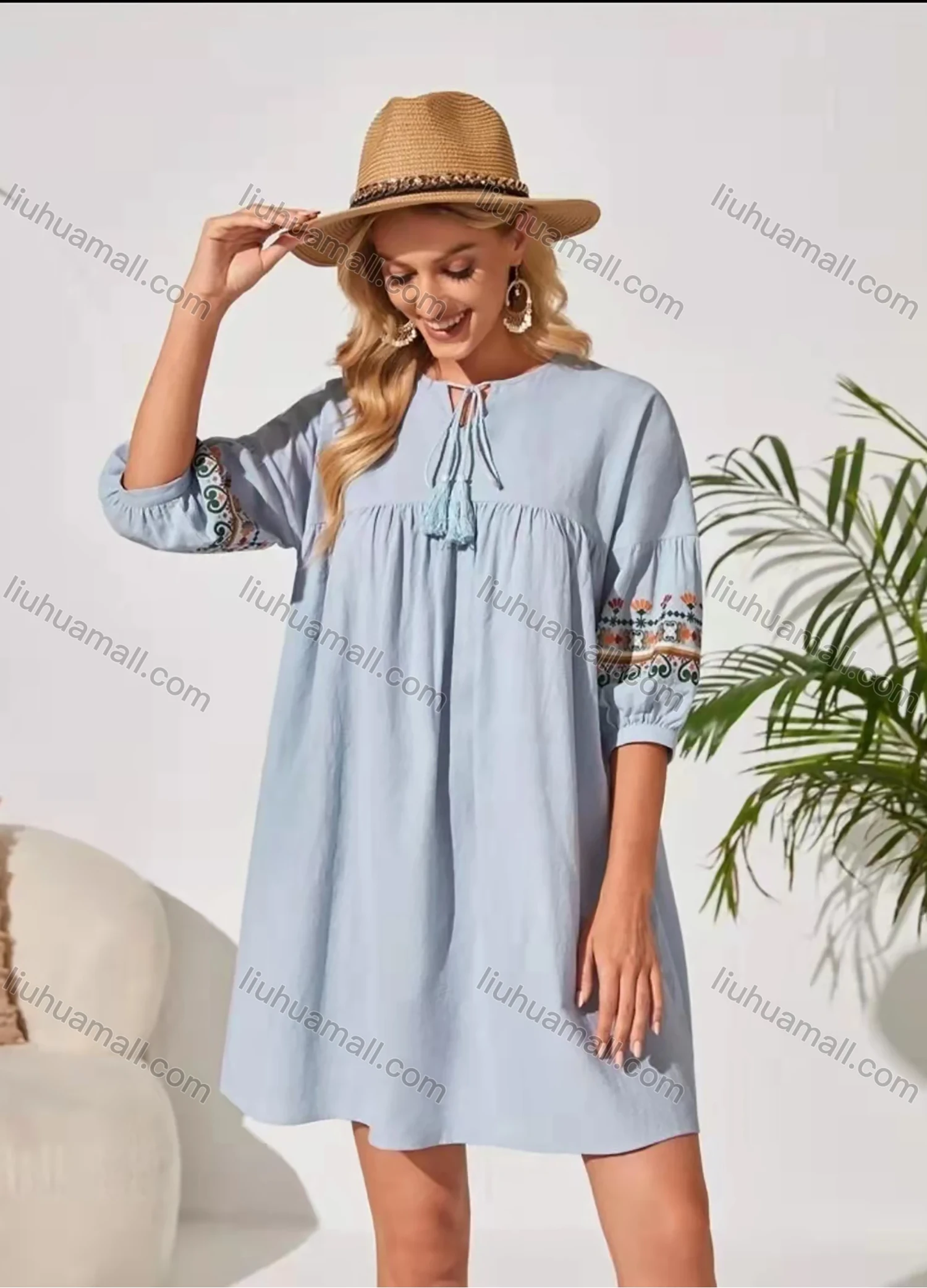 Wholesale Women's Keyhole-Neck Lantern Sleeve Lace Up Folkloric Print Casual Short Dress AY215# - Liuhuamall