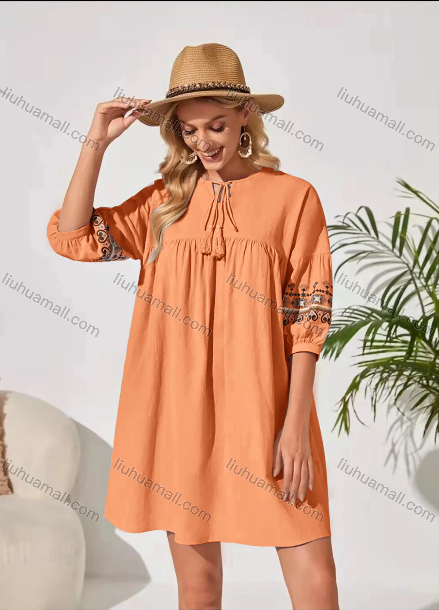 Wholesale Women's Keyhole-Neck Lantern Sleeve Lace Up Folkloric Print Casual Short Dress AY215# - Liuhuamall