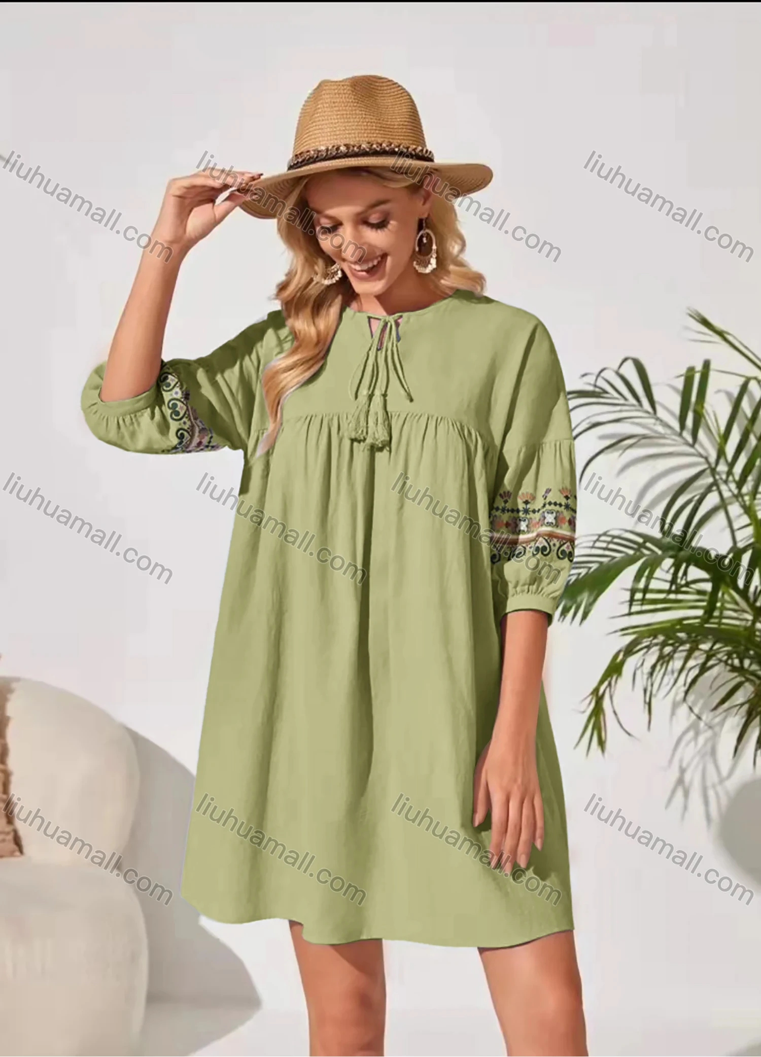 Wholesale Women's Keyhole-Neck Lantern Sleeve Lace Up Folkloric Print Casual Short Dress AY215# - Liuhuamall