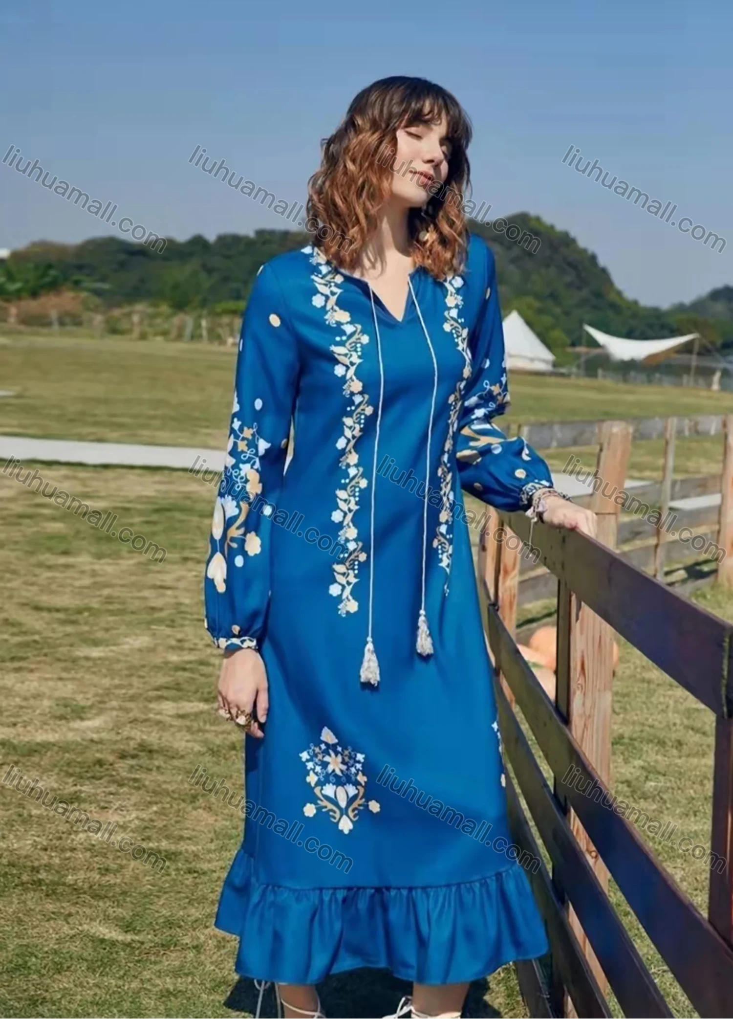 Wholesale Women's Notched Neck Lantern Sleeve Floral Print Ruffle Hem Casual Midi Dress AY216# - Liuhuamall