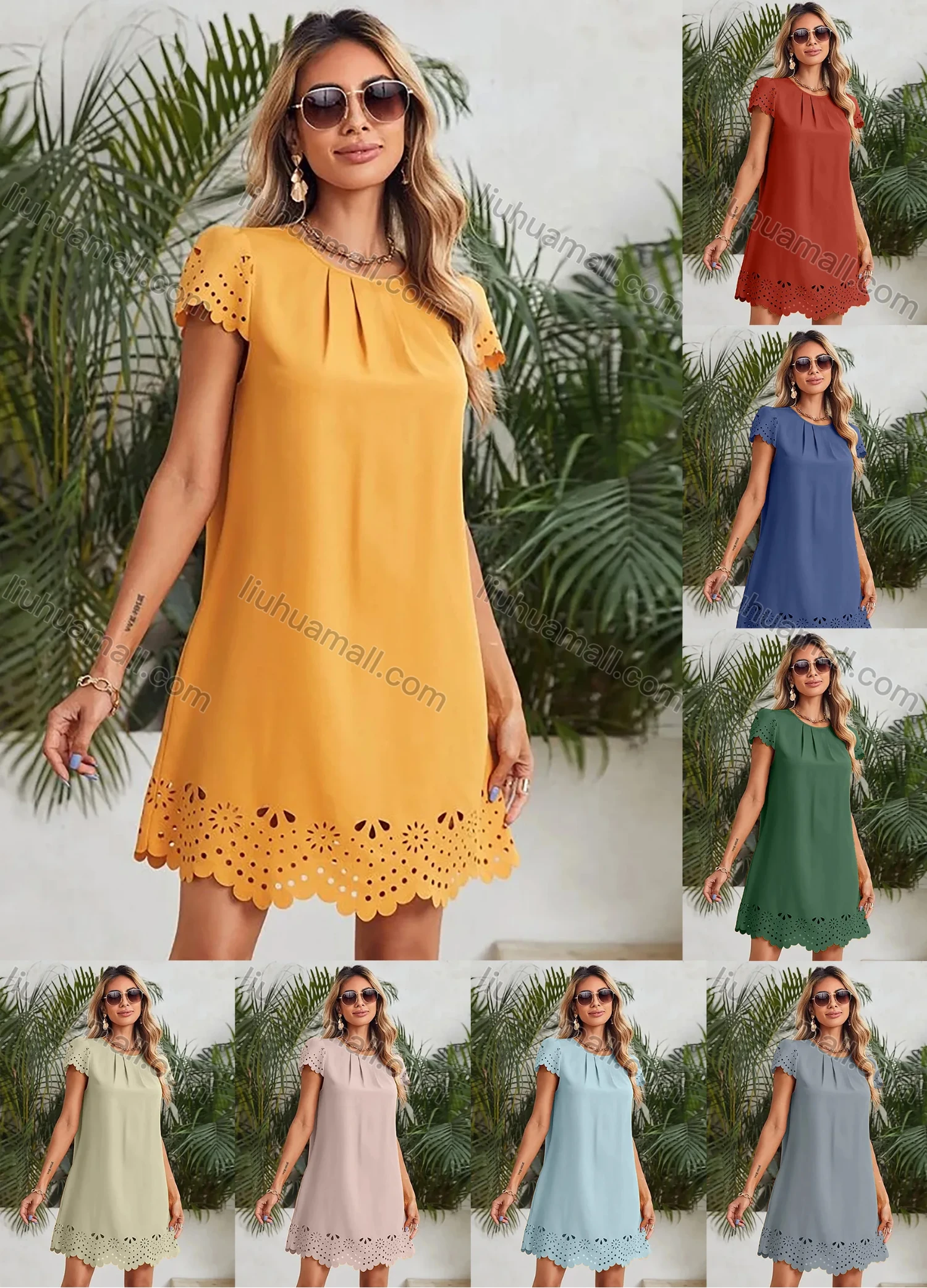 Wholesale Women's Casual Plain Crew Neck Short Sleeve Eyelet Scallop Edge Ruffle Hem Short Dress - Liuhuamall