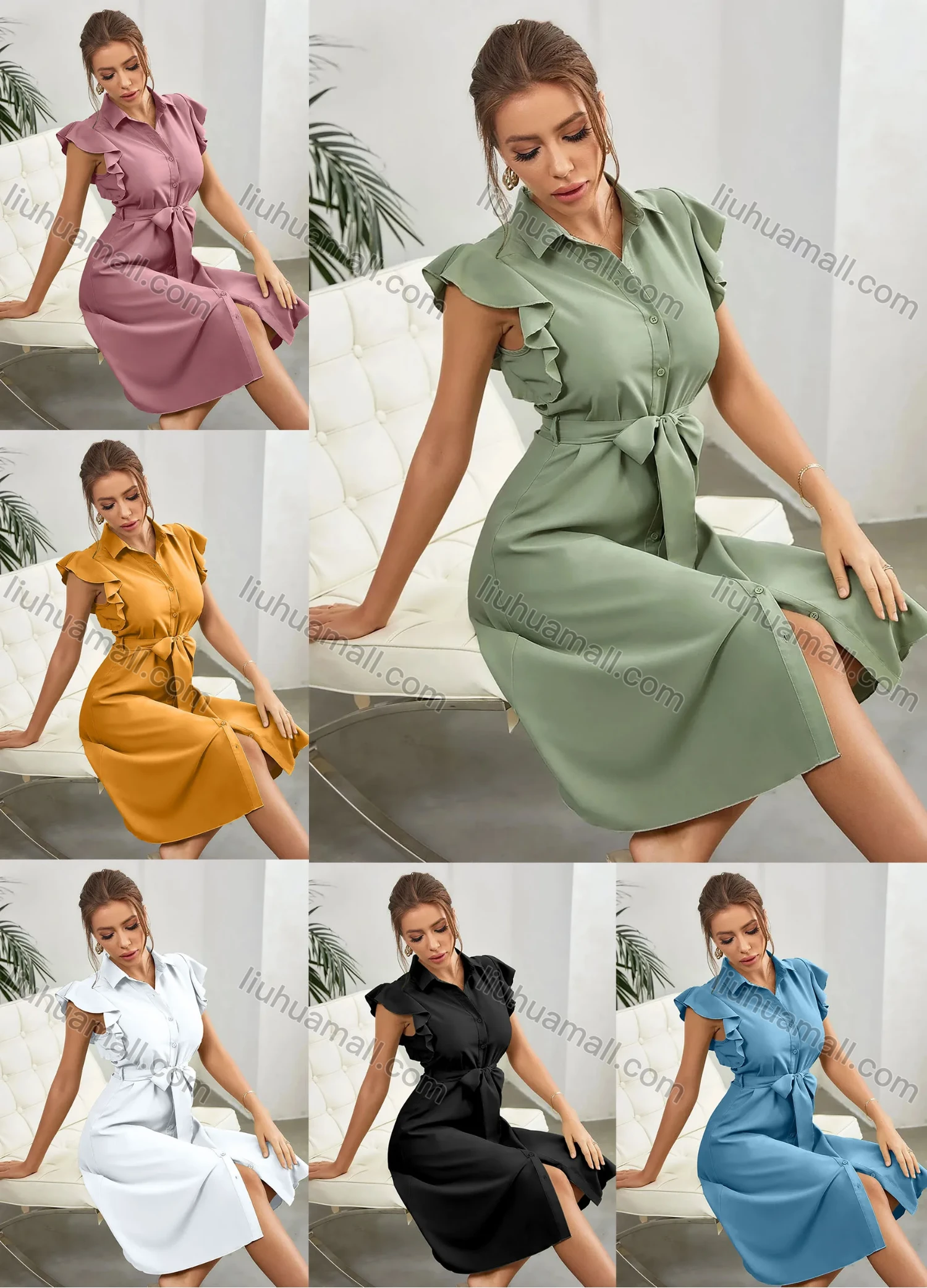 Wholesale Women's Elegant Shirt Collar Sleeveless Ruffle Trim Button Closure Plain Midi Dress With Belt ZX-4# - Liuhuamall