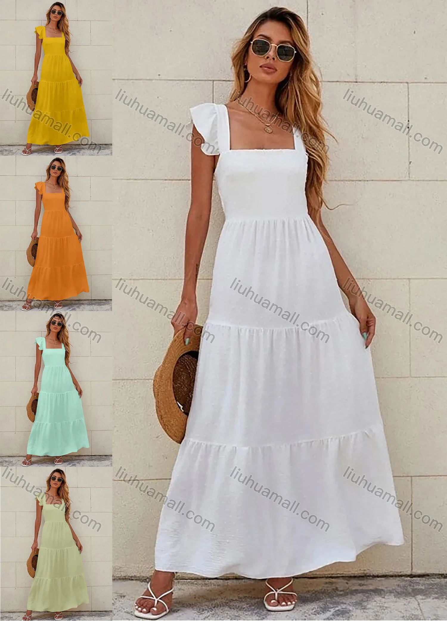 Wholesale Women's Casual Square Neck Swiss Dots Print Tie Back Ruffle Hem Maxi Dress - Liuhuamall