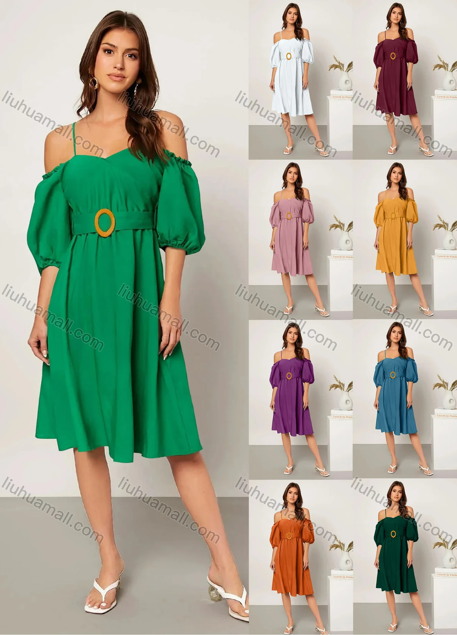 Wholesale Women's Casual Off Shoulder Spaghetti Strap Plain Dress With Belt - Liuhuamall