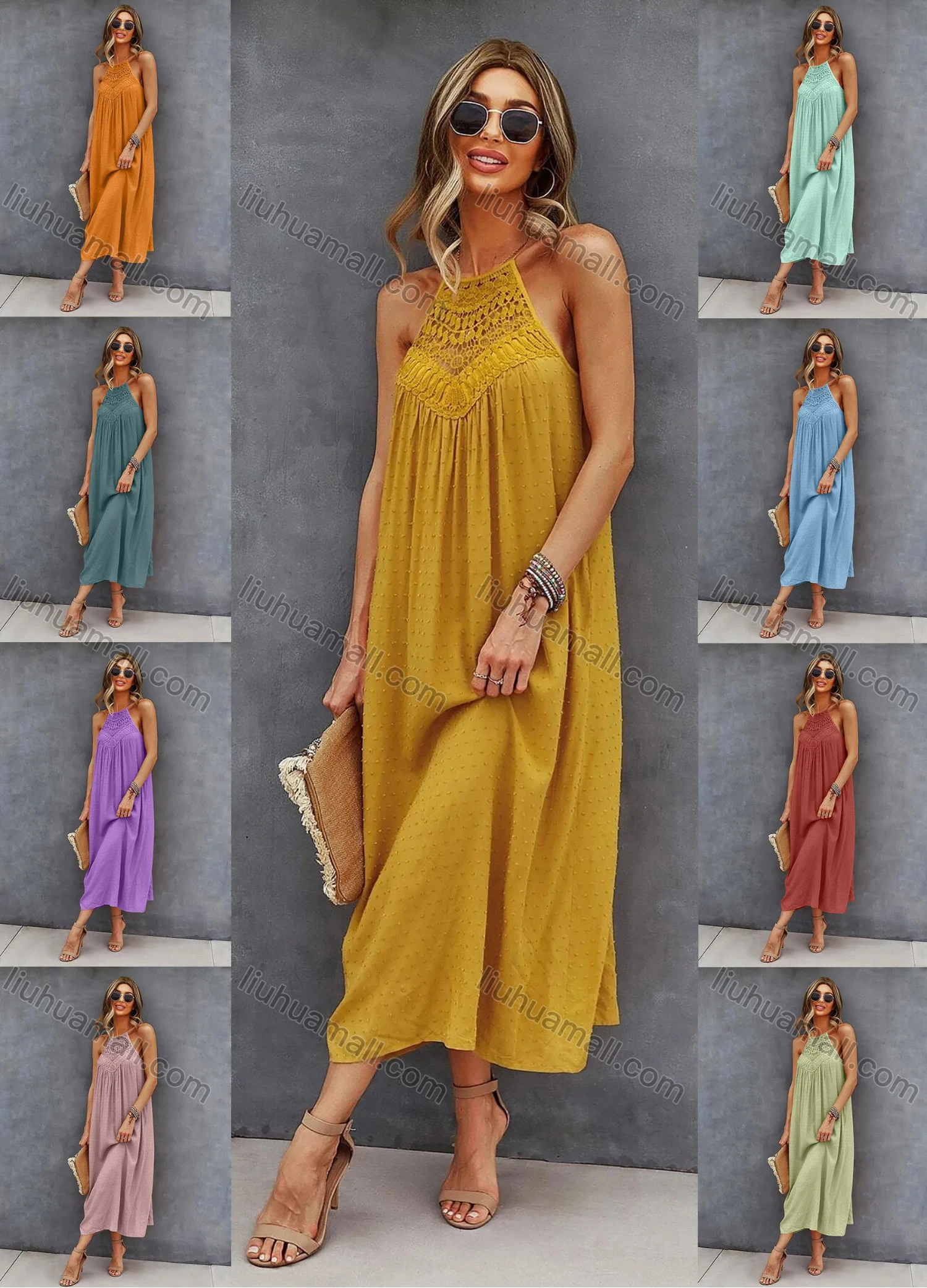 Wholesale Women's Casual Halter Guipure Lace Front Swiss Dots Print Maxi Dress - Liuhuamall