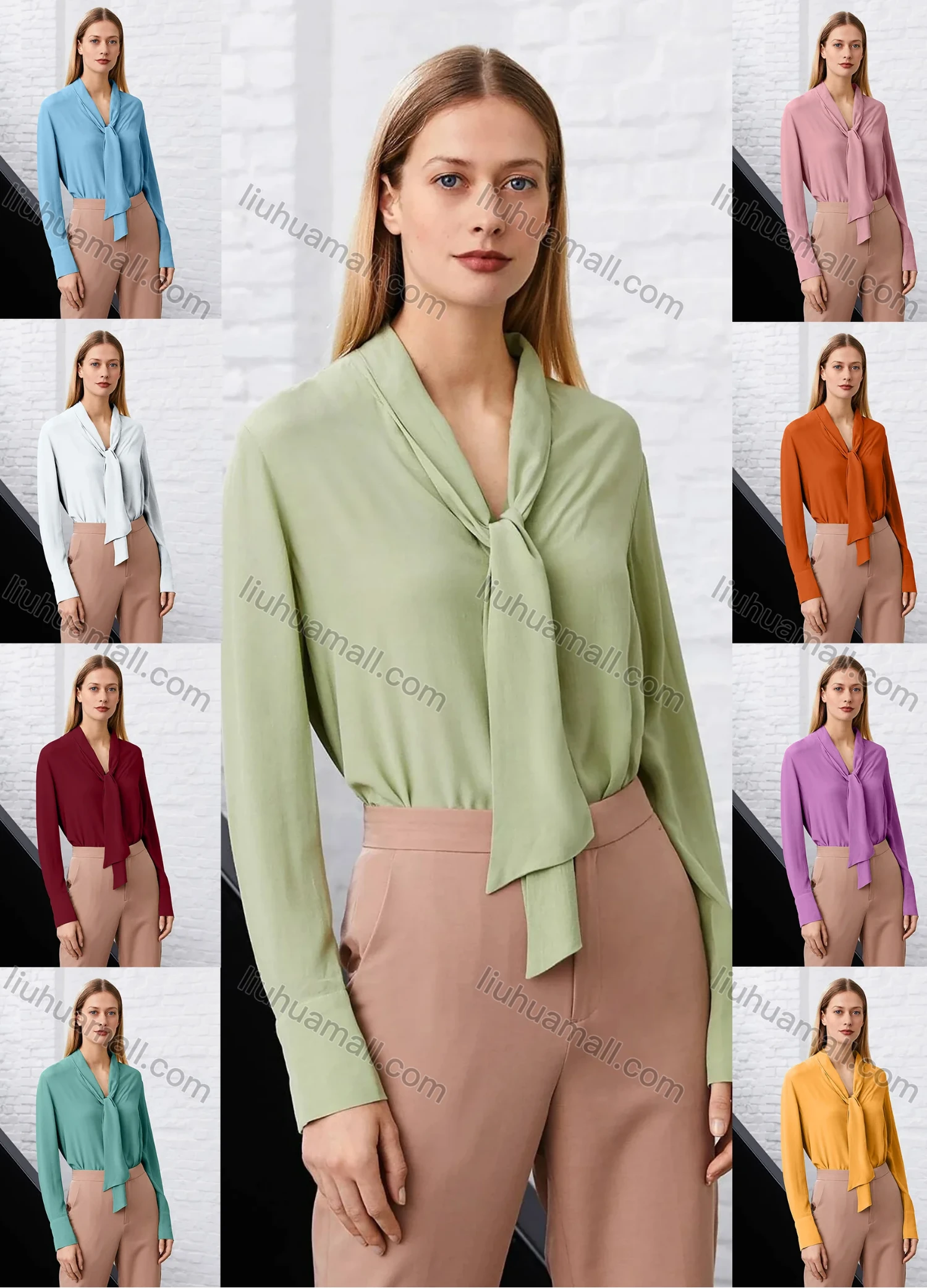 Wholesale Women's Casual Long Sleeve Tie Neck Ruched Back Plain Tops - Liuhuamall