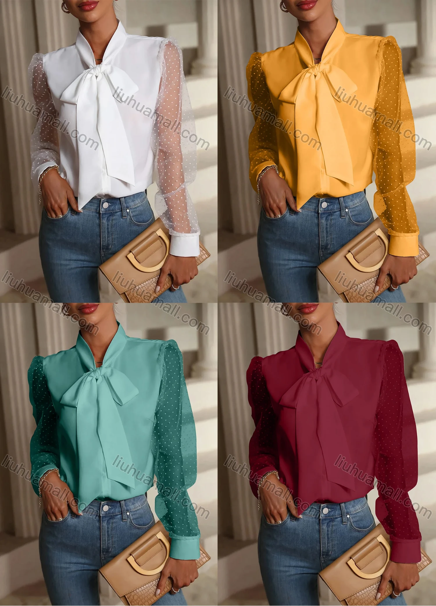 Wholesale Women's Fashion Tie Neck Puff Sleeve Sheer Mesh Polka Dot Print Plain Tops - Liuhuamall