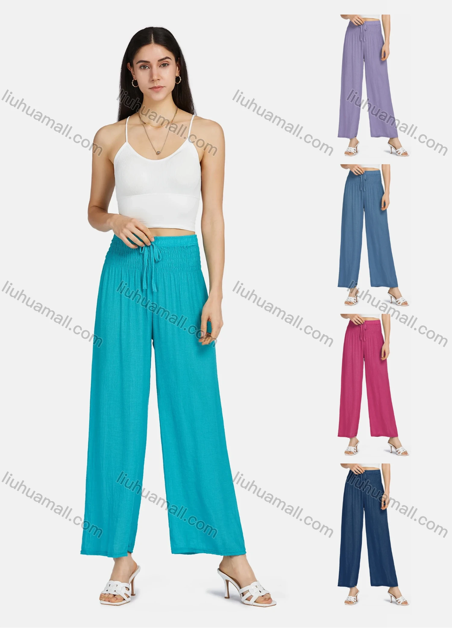 Wholesale Women's Casual Drawstring Shirred Plain Wide Leg Trouser - Liuhuamall