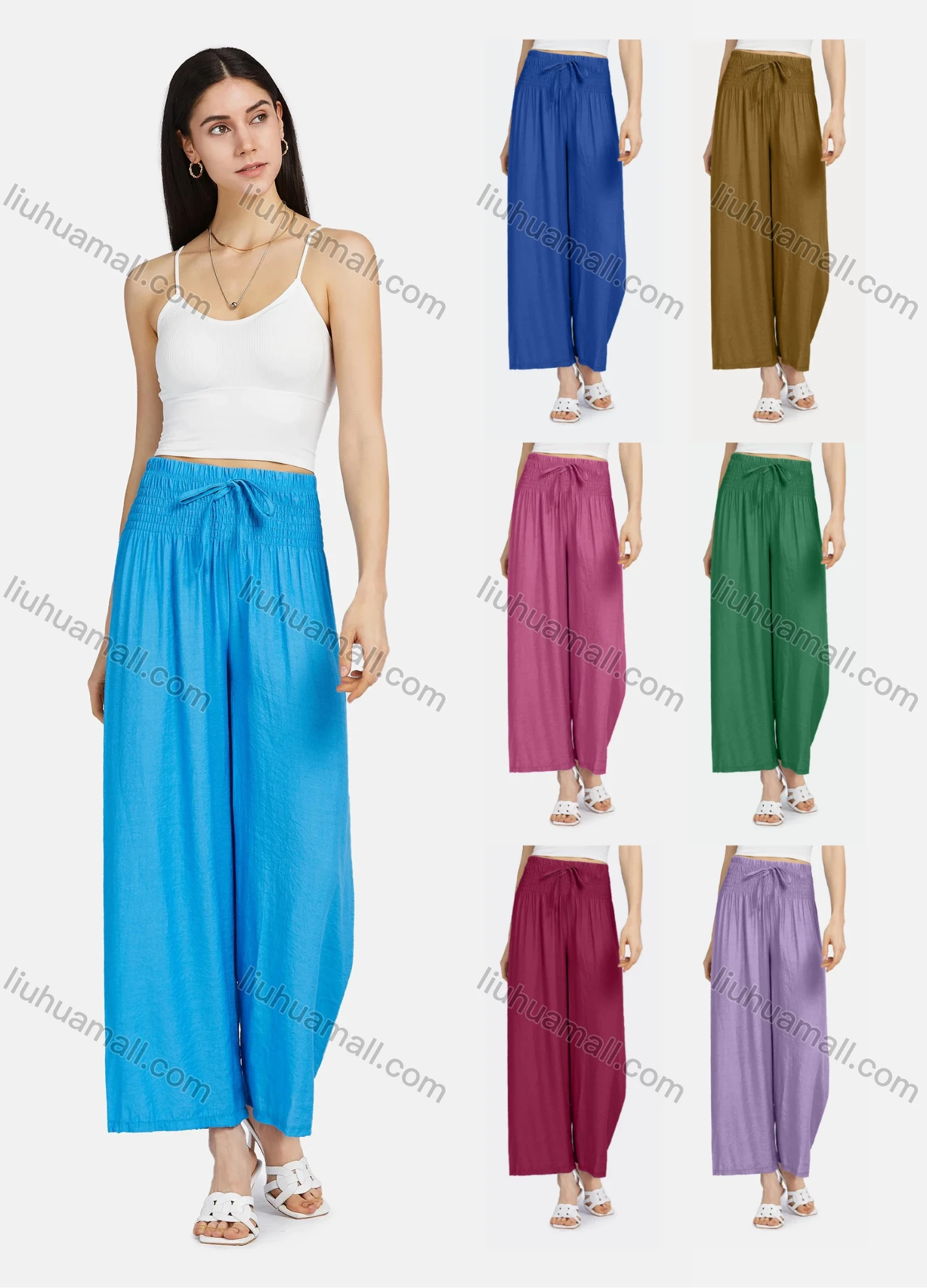 Wholesale Women's Drawstring Shirred Slim Waist Plain Wide Leg Casual Trouser - Liuhuamall