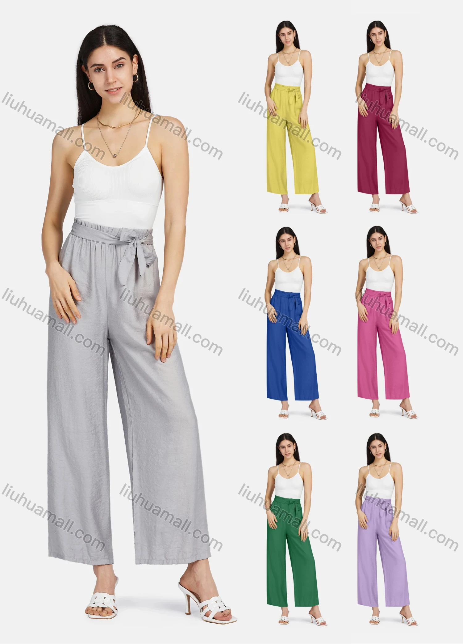 Wholesale Women's Lace Up Ruched Plain Wide Leg Casual Trouser 2203# - Liuhuamall