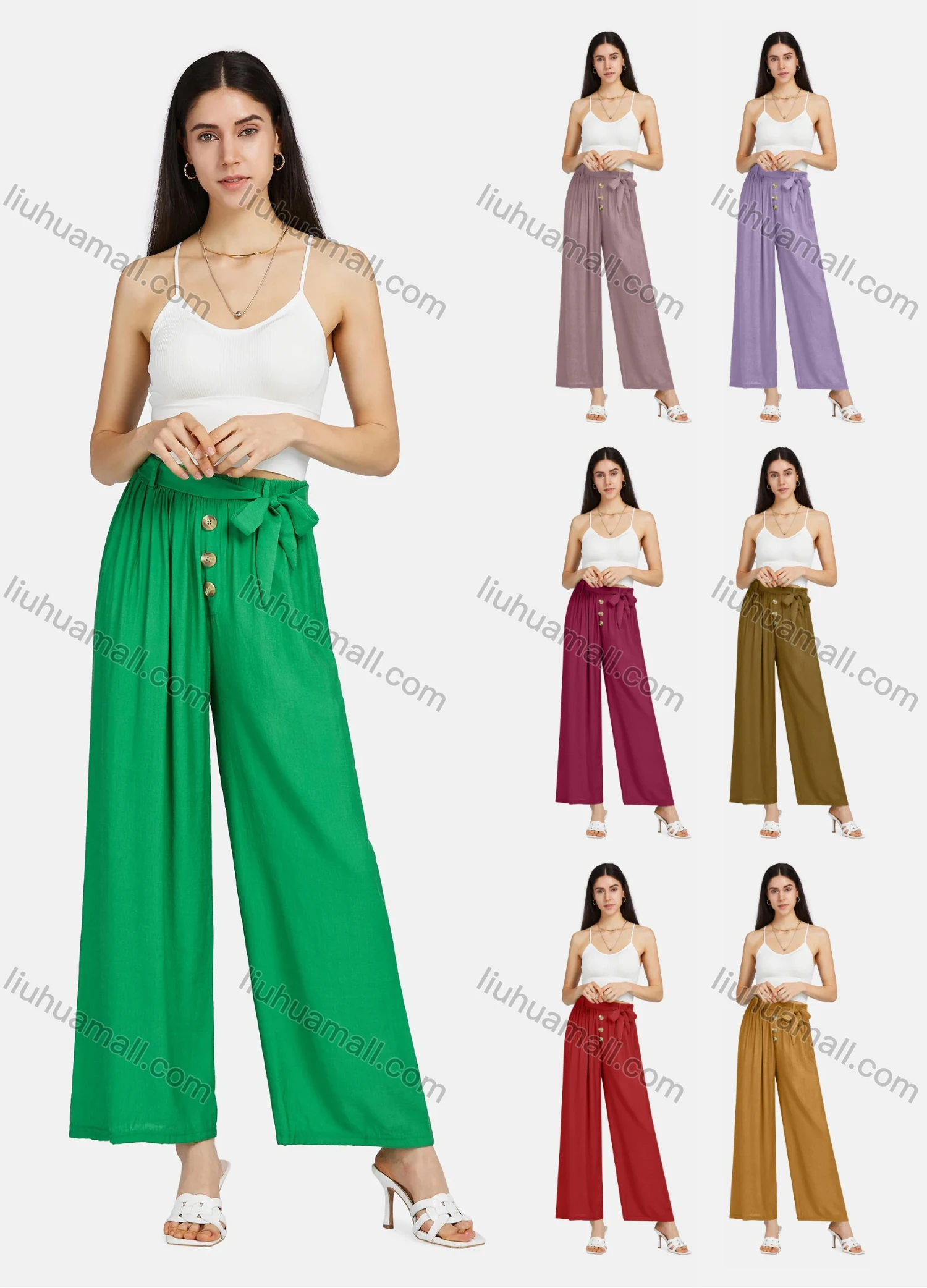 Wholesale Women's Lace Up Ruched Buttons Plain Wide Leg Casual Trouser 2204# - Liuhuamall