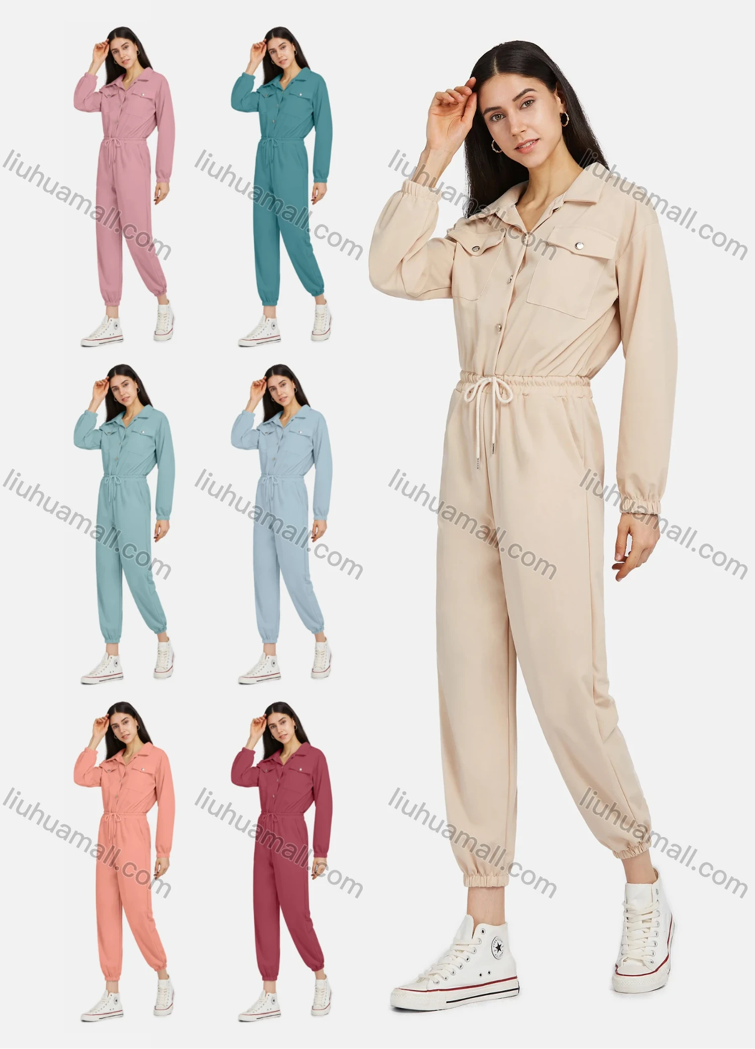 Wholesale Women's Lapel Long Sleeve Flap Pockets Buttons Drawstring Ankle-Tie Plain Jumpsuit 2206# - Liuhuamall