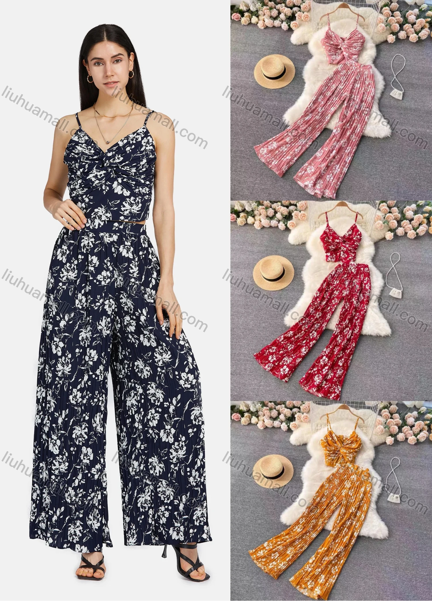 Wholesale Women's V Neck Twist Floral Zipper Back Cami & Pleated Wide Leg Pants 2-Piece Set 2209# - Liuhuamall