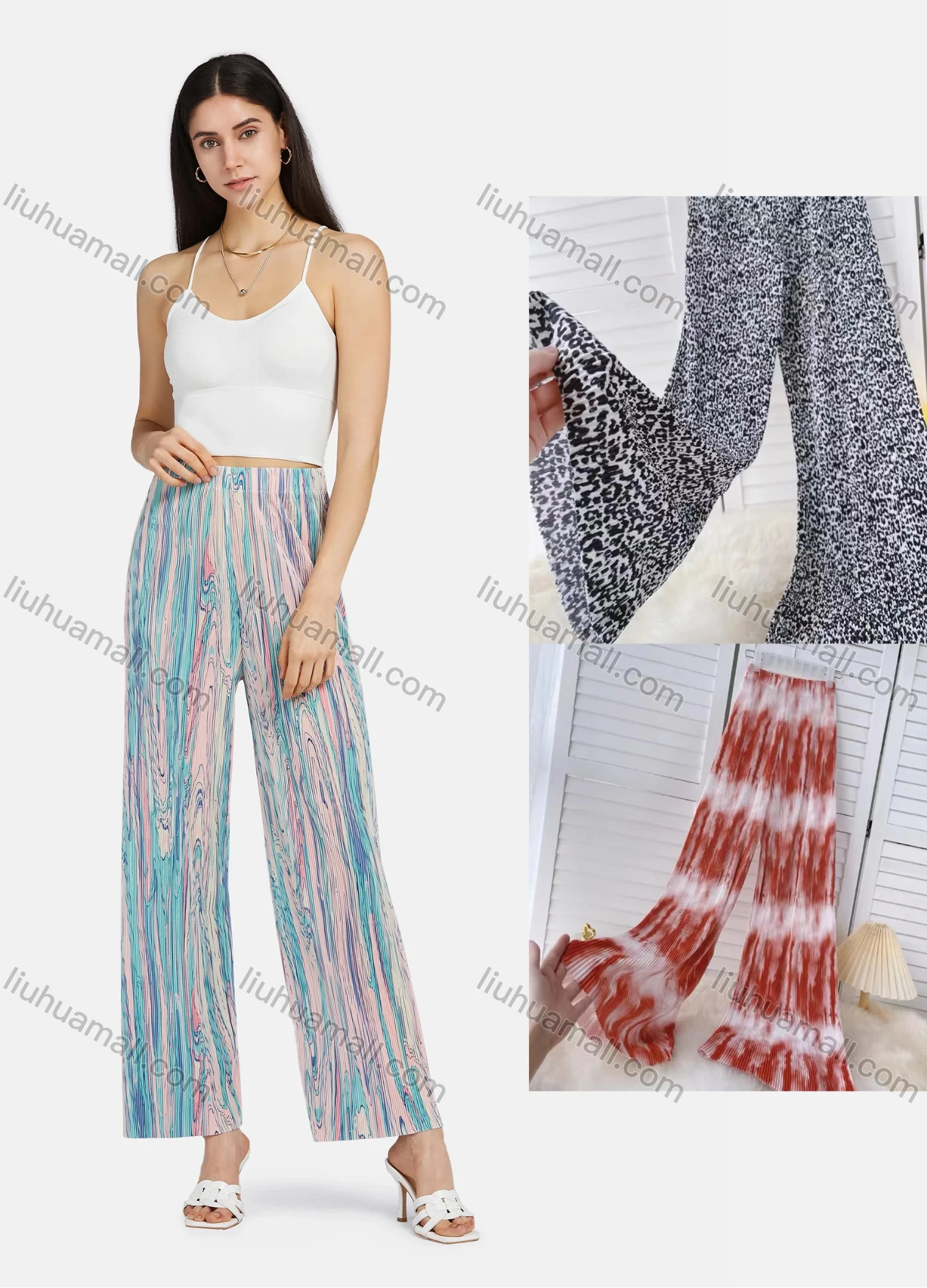 Wholesale Women's Pleated Digital Print Wide Leg Casual Trouser 2210# - Liuhuamall