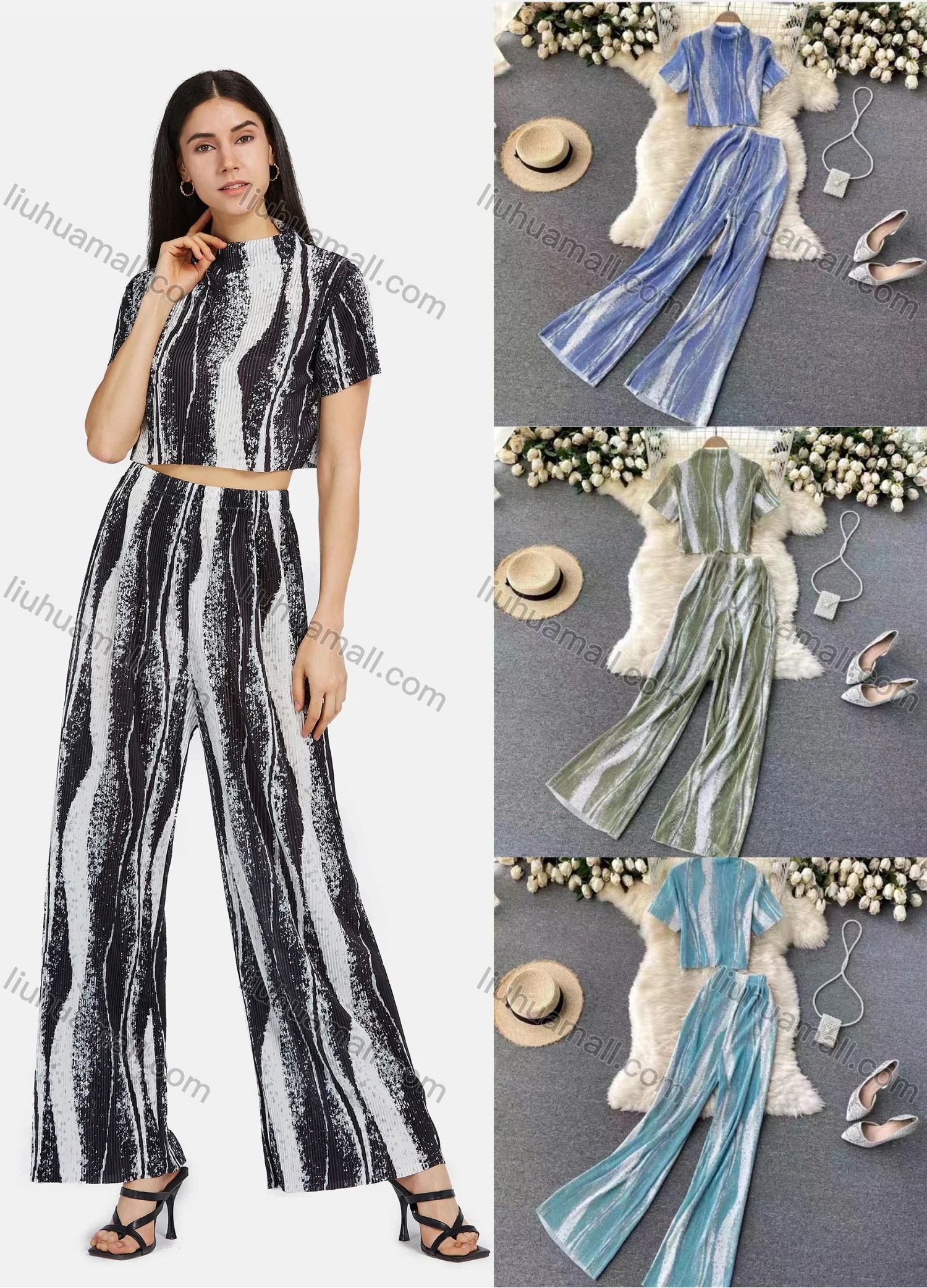 Wholesale Women's Cowl Neck Short Sleeve Pleated Digital Print Blouse & Wide Leg Pants 2-Piece Set 2212# - Liuhuamall