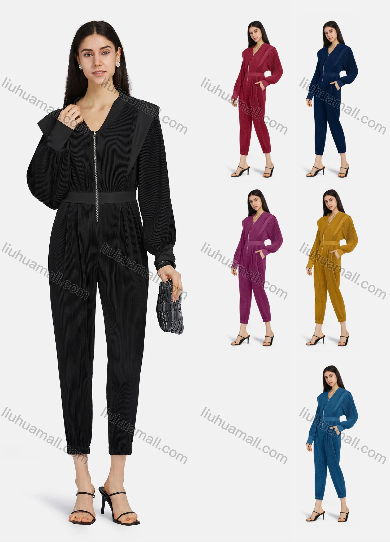 Wholesale Women's V Neck Lantern Sleeve Zipper Slim Waist Plain Casual Jumpsuit 2213# - Liuhuamall