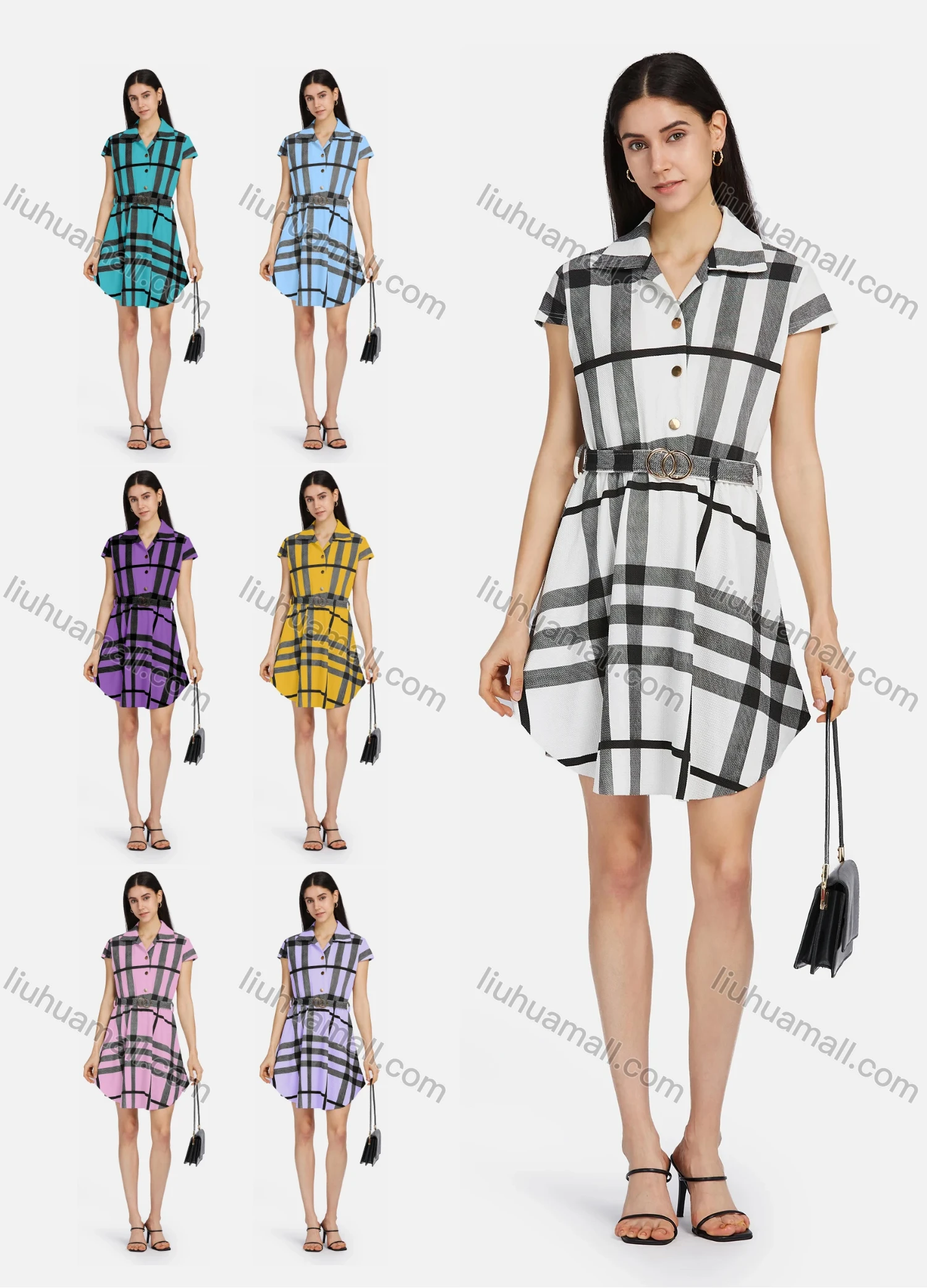 Wholesale Women's Lapel Cap Sleeve Striped Buttons Front Curved Hem Casual Short Dress With Belt - Liuhuamall