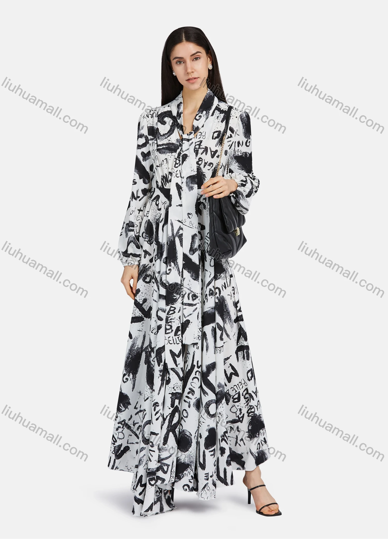 Wholesale Women's Tie Neck Lantern Sleeve Letter Print Slim Waist Ruffle Hem Maxi Dress 2218# - Liuhuamall