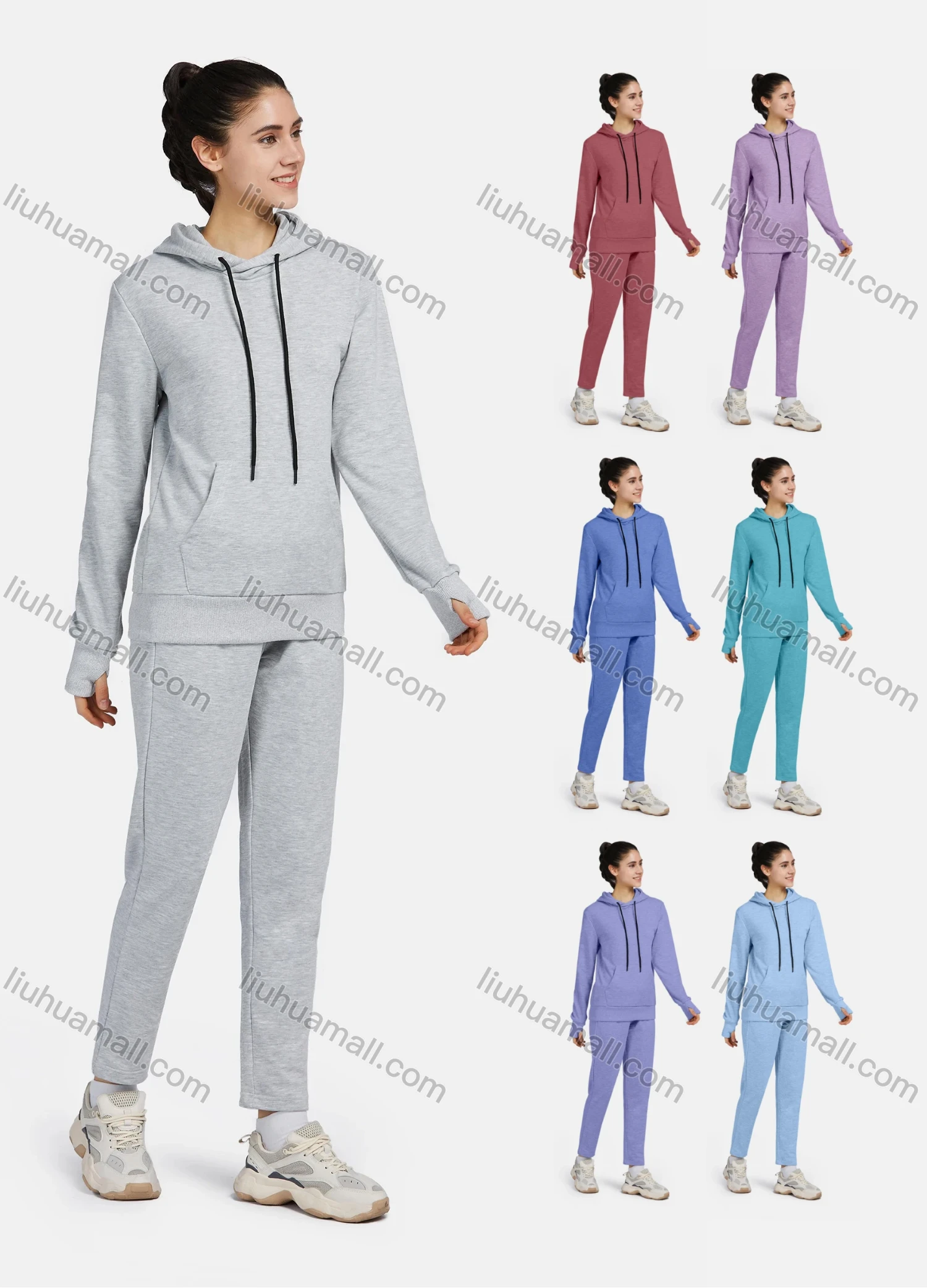 Wholesale Women's Active Hooded Drawstring Long Sleeve Kangaroo Pocket Plain Hoodies & Pants 2-Piece Set 2219# - Liuhuamall