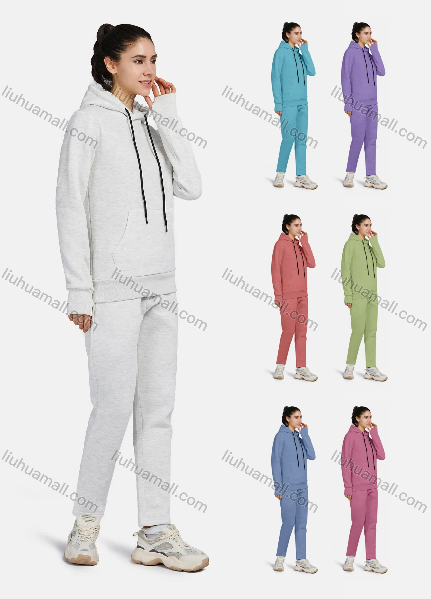 Wholesale Women's Casual Hooded Drawstring Long Sleeve Kangaroo Pocket Plain Hoodies & Pants 2-Piece Set 2220# - Liuhuamall