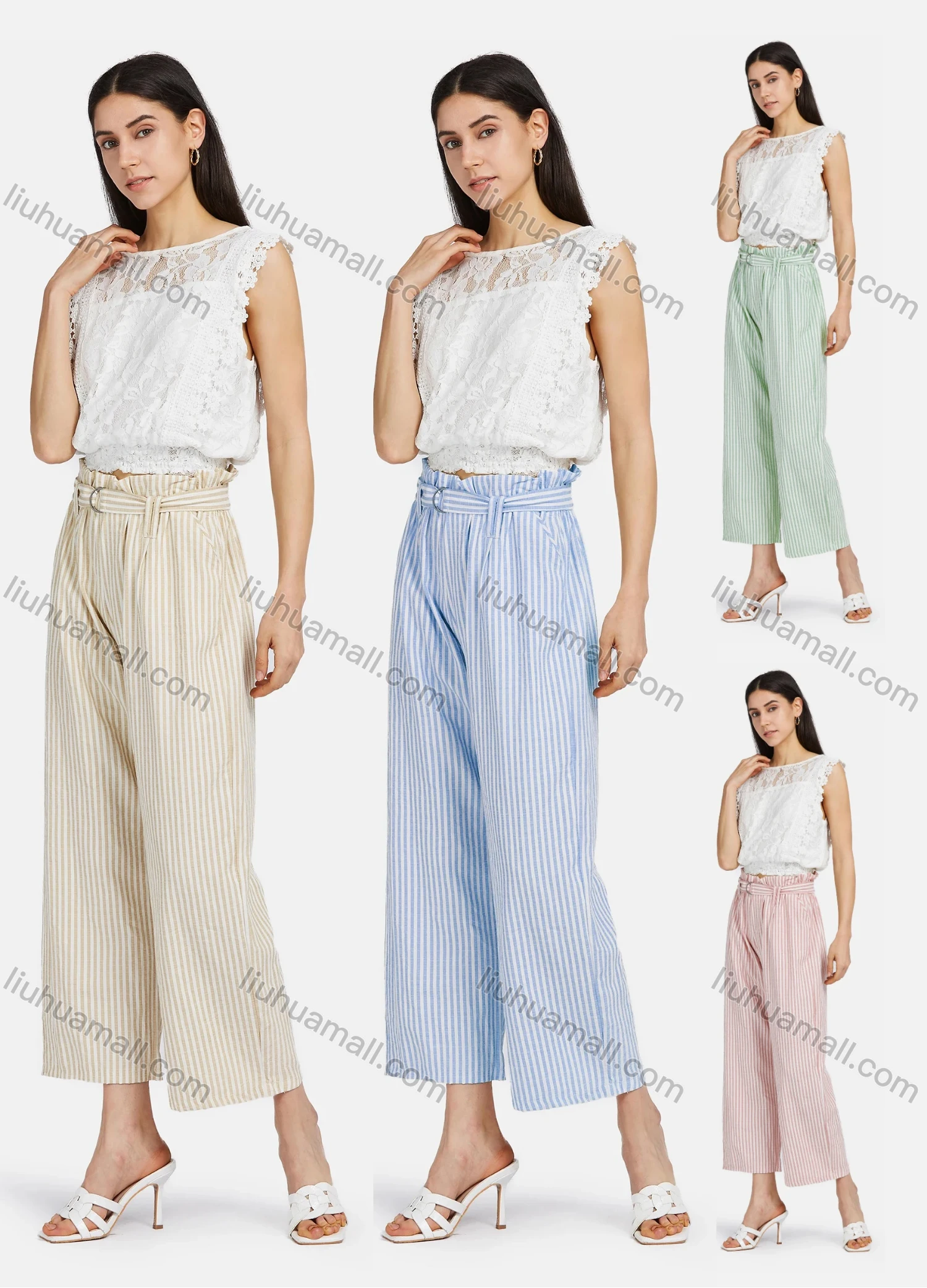 Wholesale Women's Casual Striped Ruffle Trim Belted Pockets Wide Leg Pants 2222# - Liuhuamall