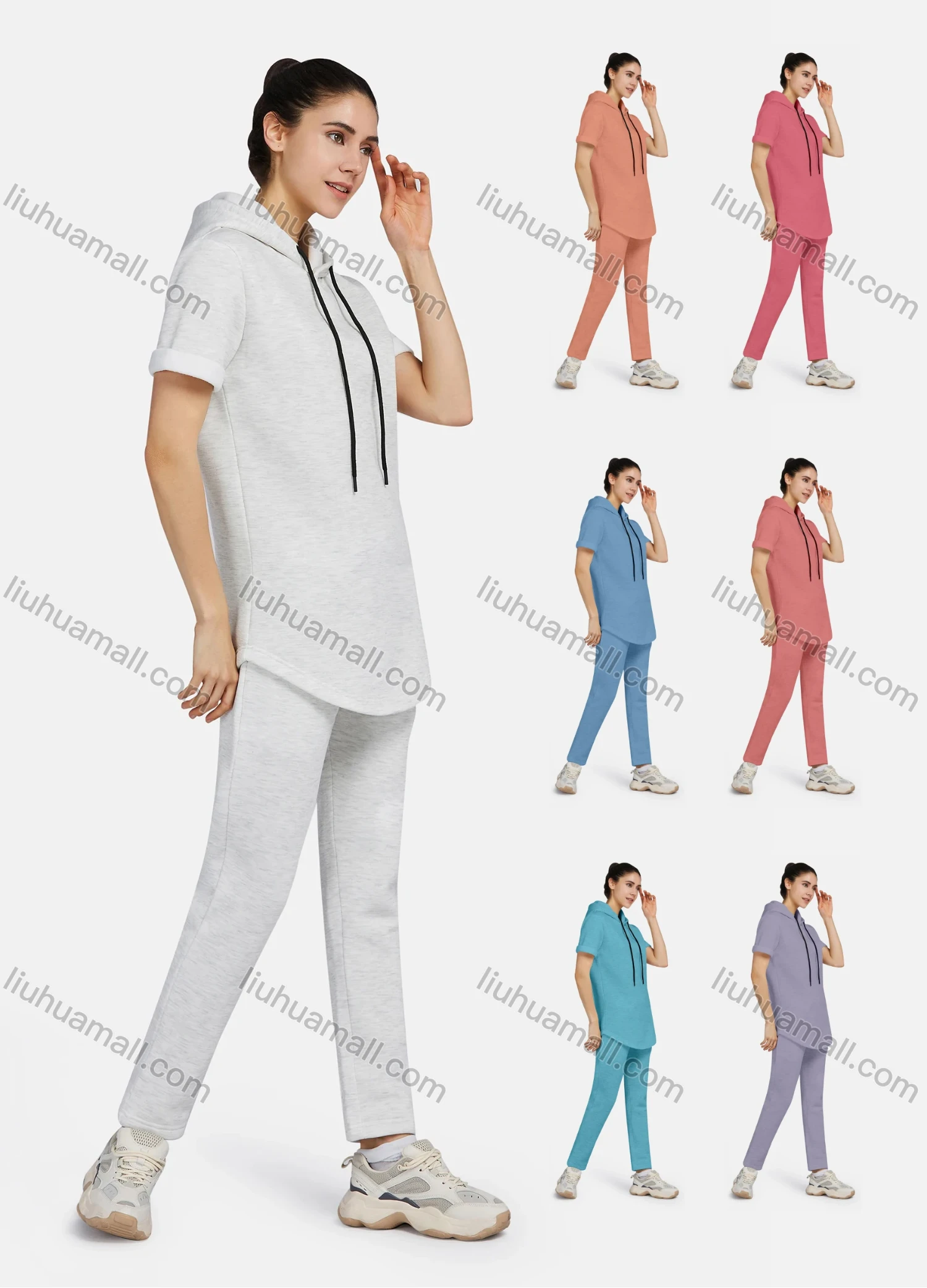 Wholesale Women's Casual Hooded Drawstring Short Sleeve Curved Hem Zipper Plain Hoodies & Pants 2-Piece Set 2221# - Liuhuamall