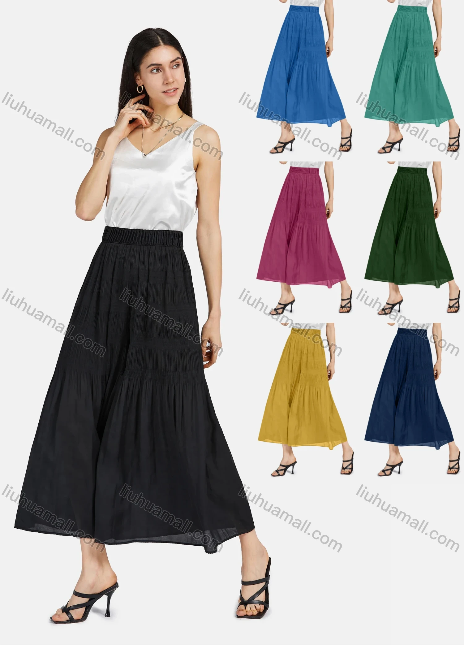 Wholesale Women's Casual Pleated Plain Wide Leg Trouser 2225# - Liuhuamall