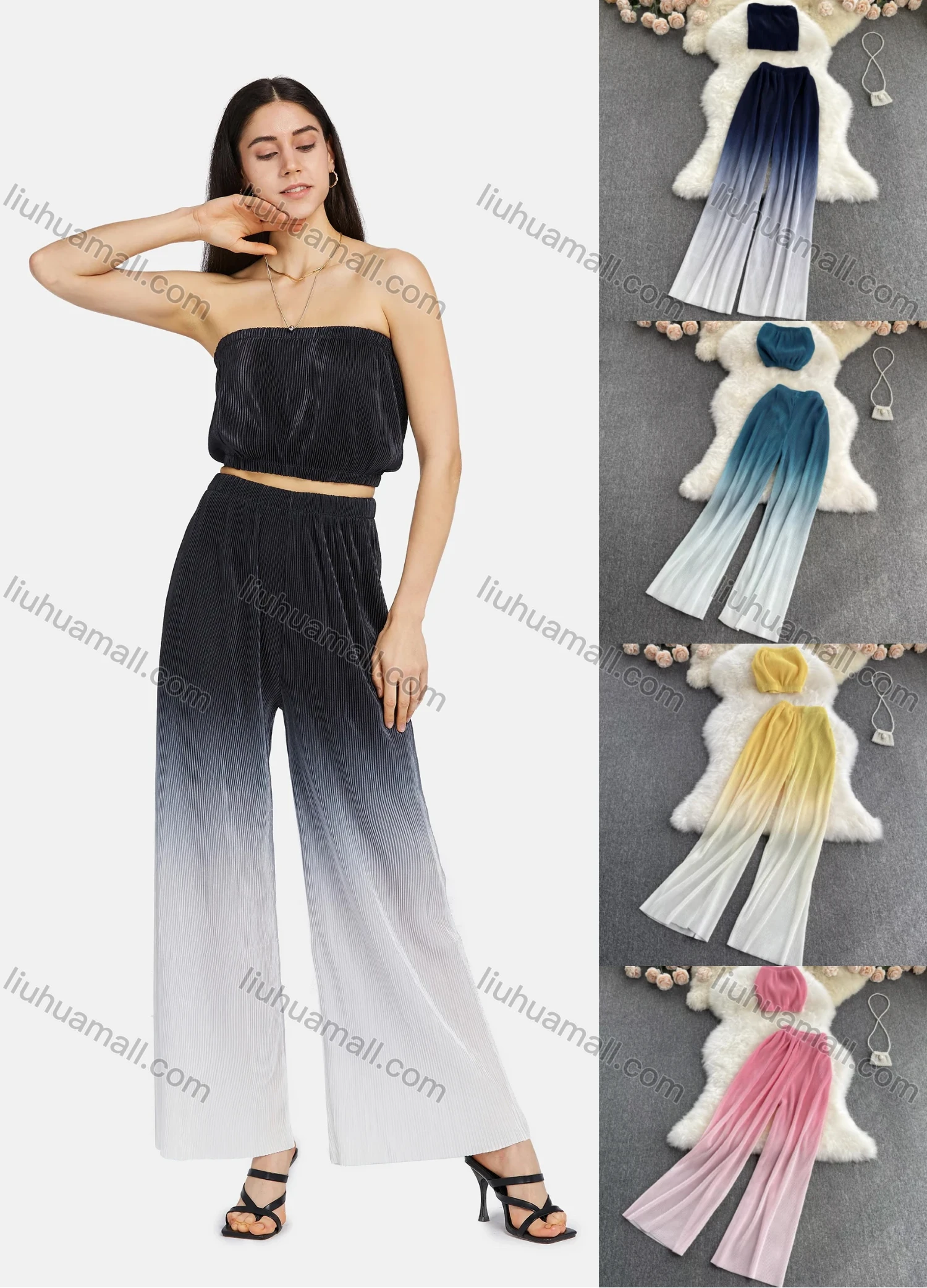 Wholesale Women's Casual Pleated Plain Crop Tube Top & Gradient Wide Leg Pants 2-Piece Set 2228# - Liuhuamall