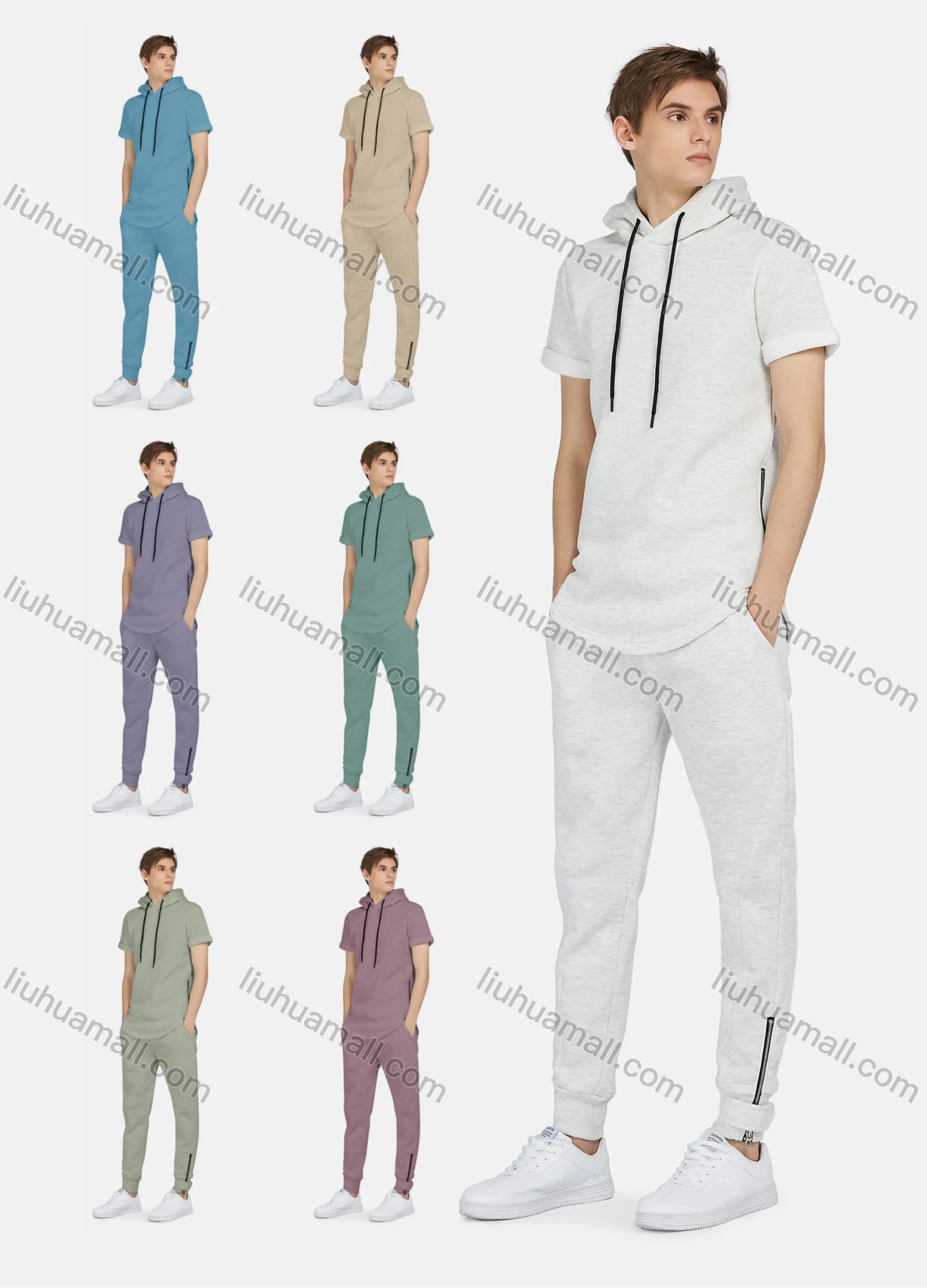 Wholesale Men's Casual Hooded Drawstring Short Sleeve Curved Hem Zipper Plain Hoodies & Pockets Ankle-Tie Pants 2-Piece Set 8763# - Liuhuamall