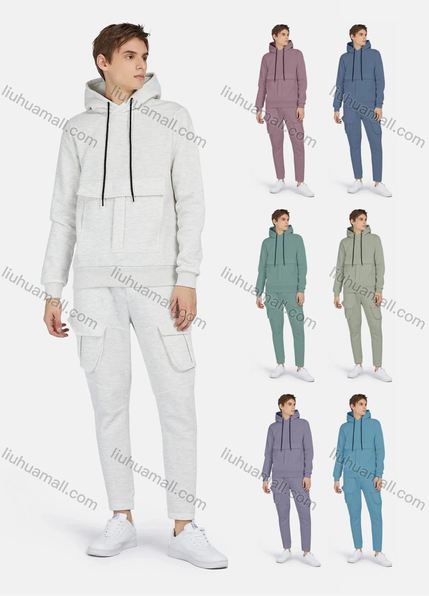 Wholesale Men's Casual Hooded Drawstring Long Sleeve Flap Pockets Plain Hoodies & Pants 2-Piece Set 2231# - Liuhuamall