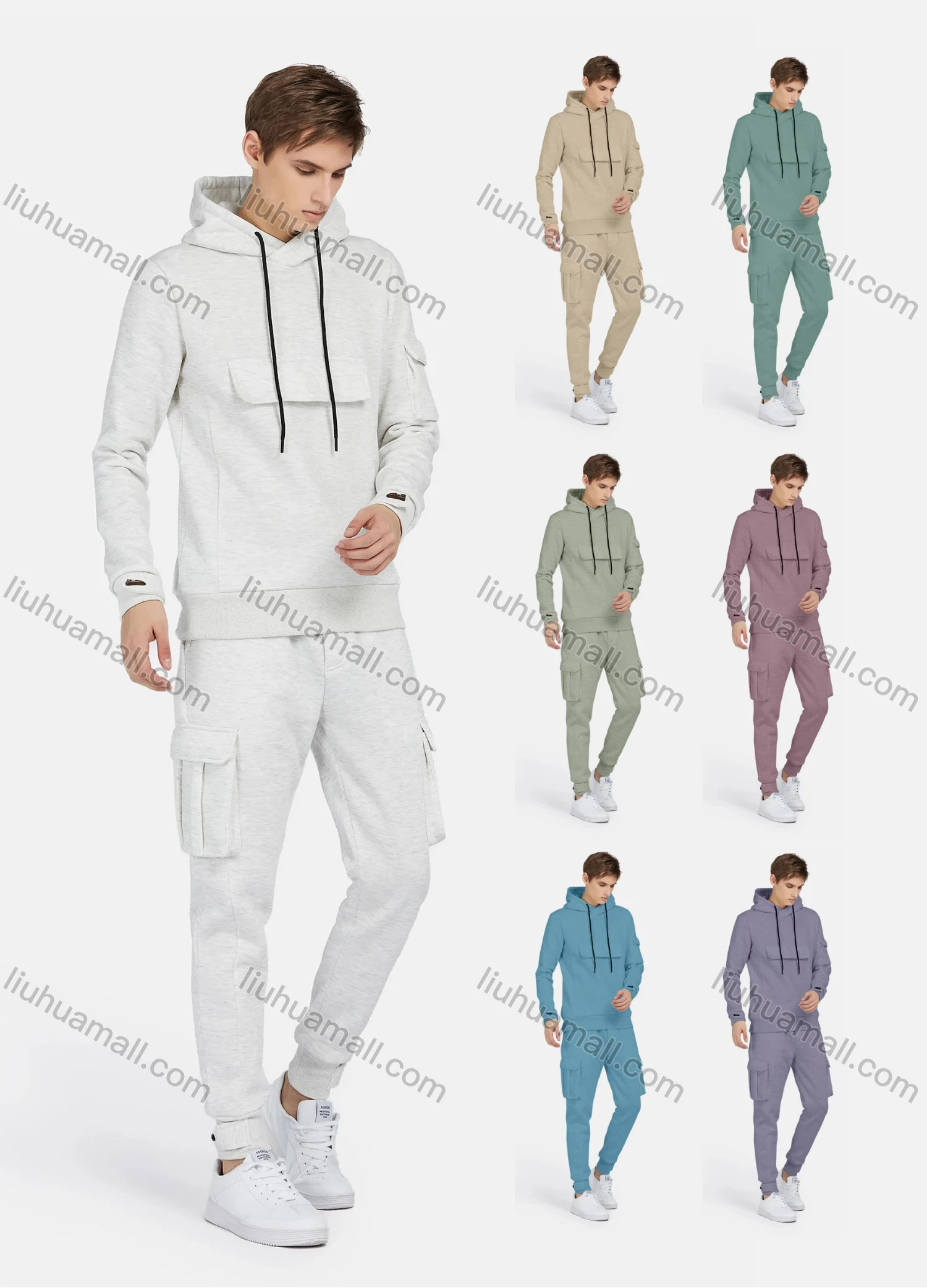 Wholesale Men's Casual Hooded Drawstring Flap Pockets Plain Hoodies & Ankle-Tie Pants 2-Piece Set 2232# - Liuhuamall