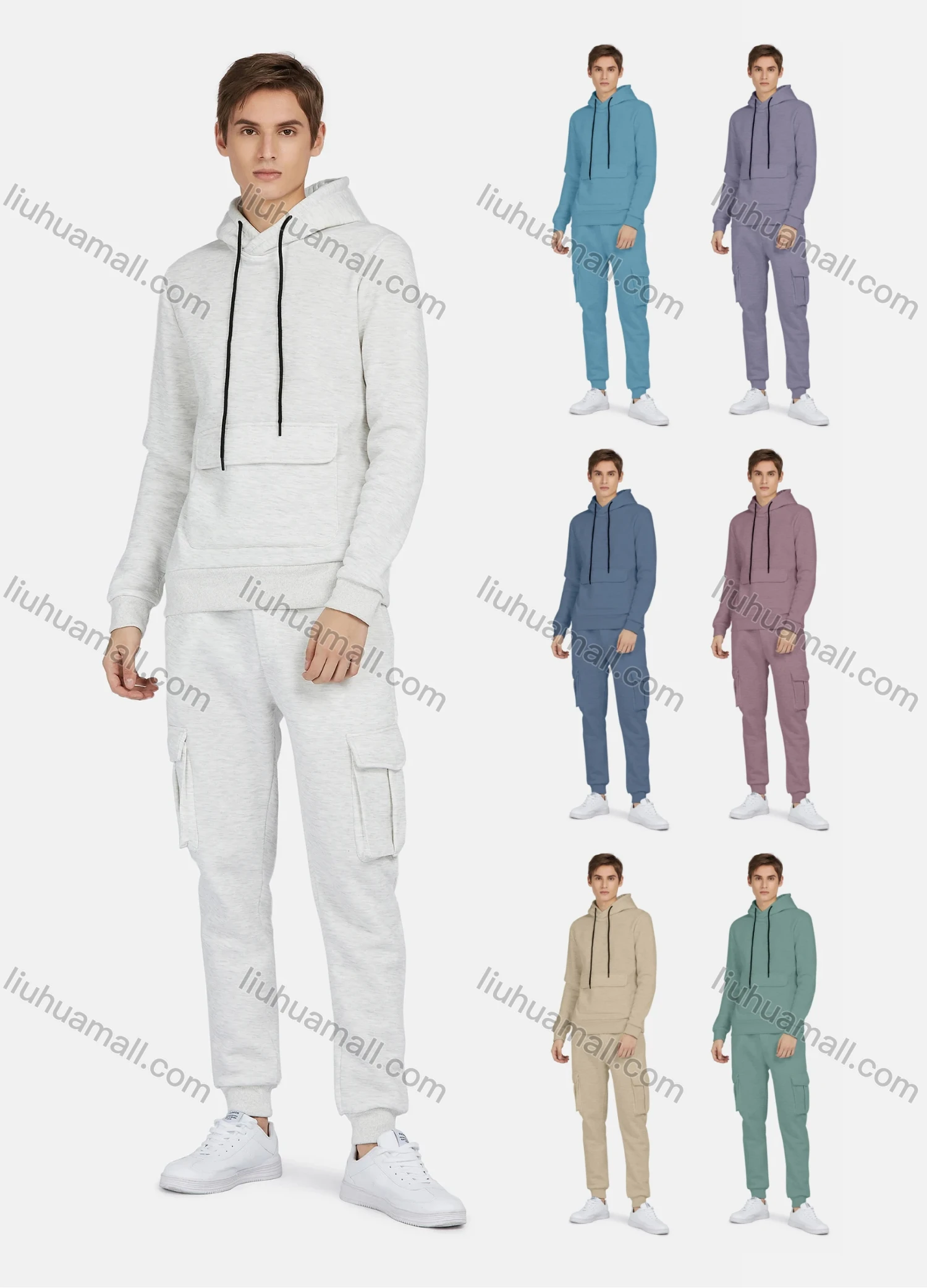 Wholesale Men's Hooded Drawstring Flap Pockets Plain Hoodies & Ankle-Tie Pants 2-Piece Set 2233# - Liuhuamall
