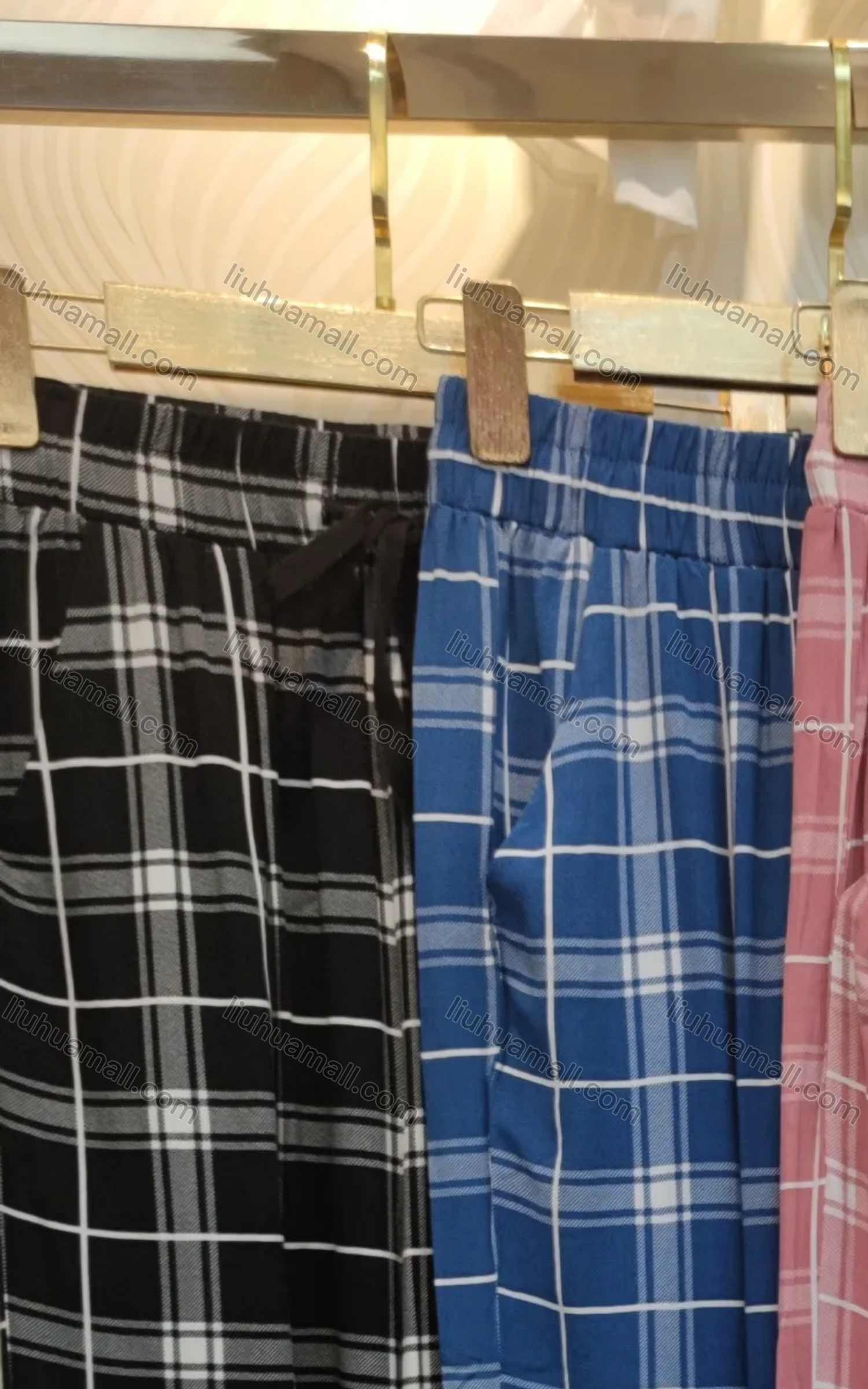 Wholesale Women's Casual Drawstring Plaid Print Pockets Wide Leg Pants - Liuhuamall