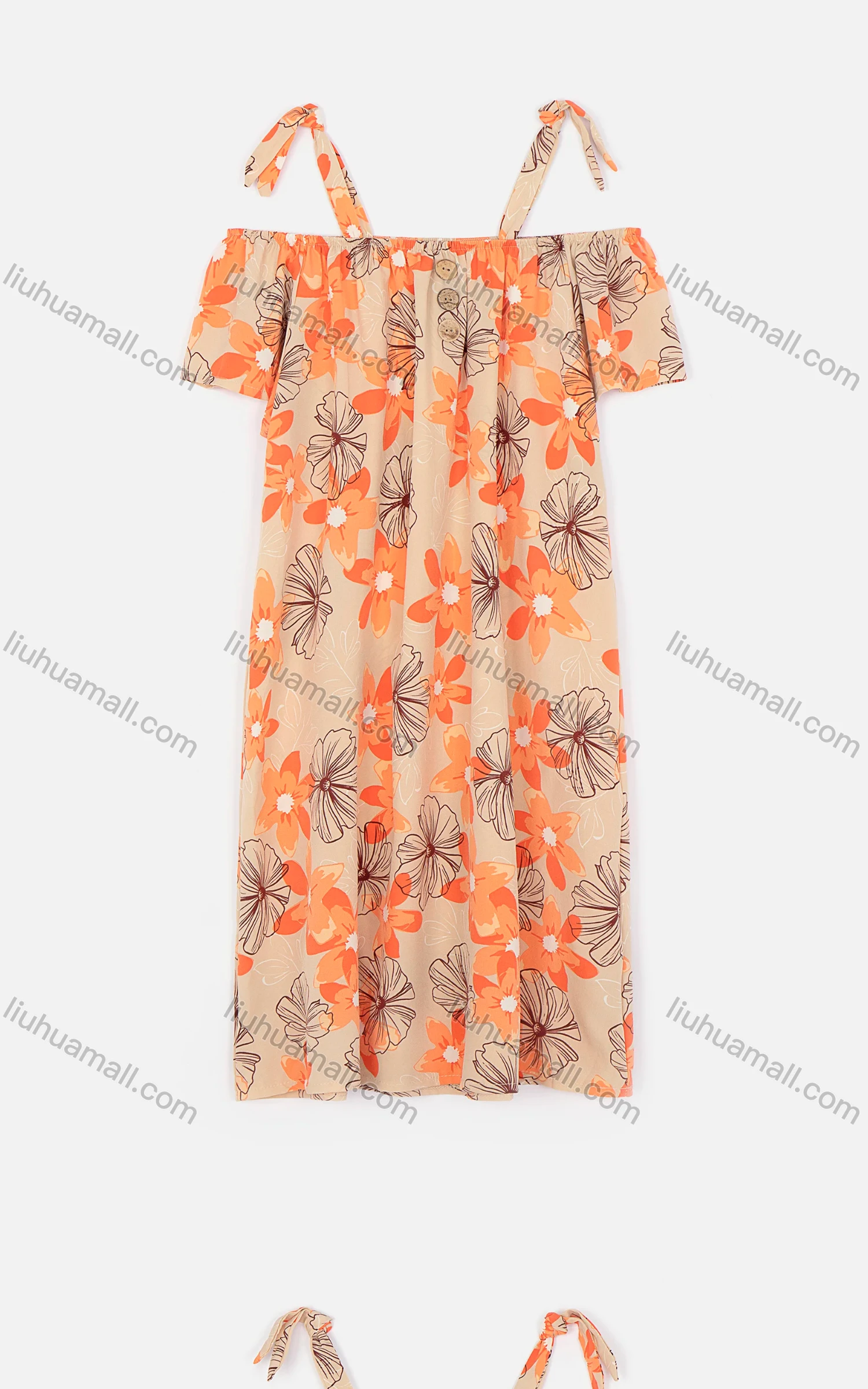 Wholesale Women's Casual Cold Shoulder Floral Print Button Decor Short Dress 7746# - Liuhuamall