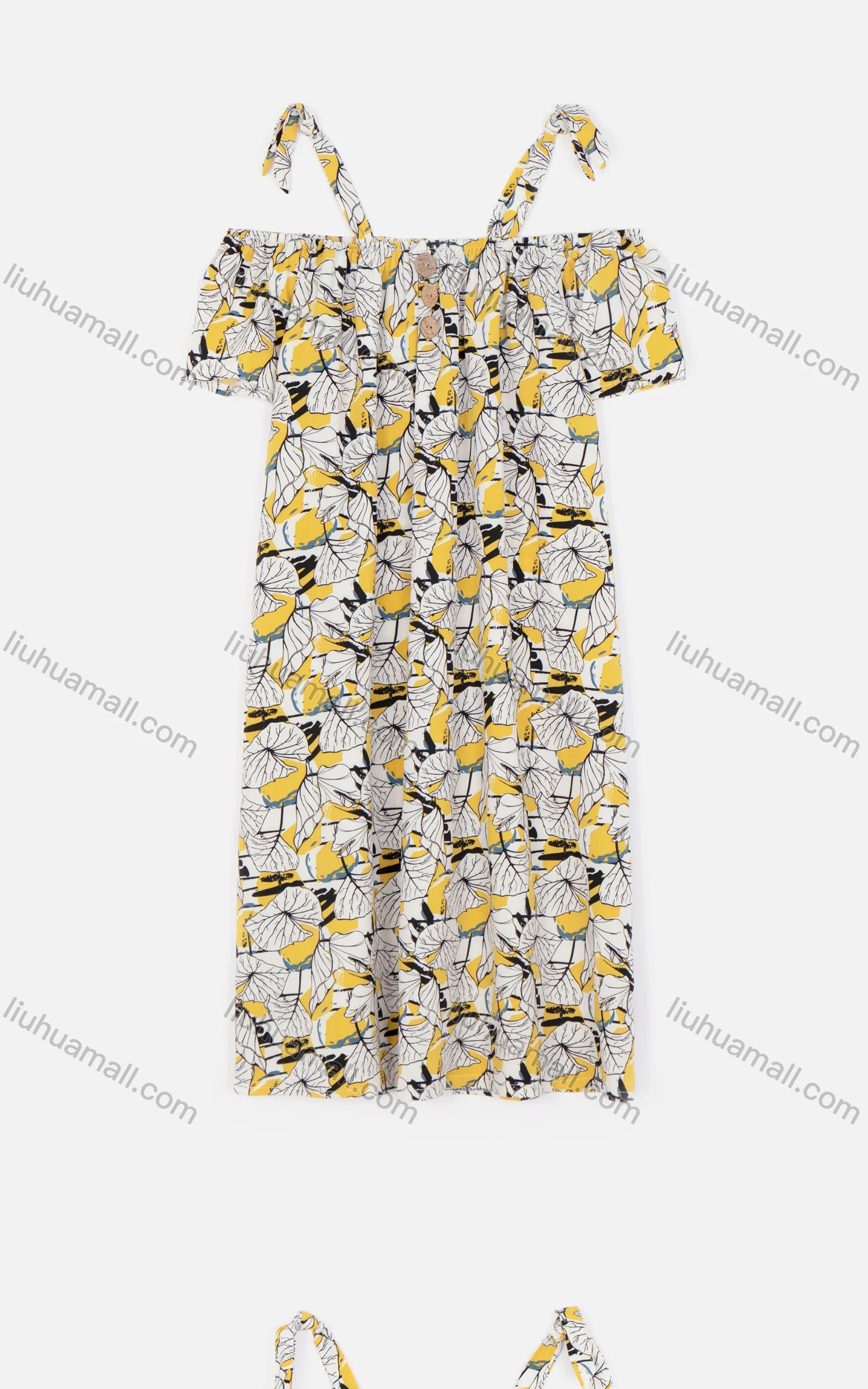 Wholesale Women's Casual Cold Shoulder Button Decor Leaf Print Short Dress 9337# - Liuhuamall