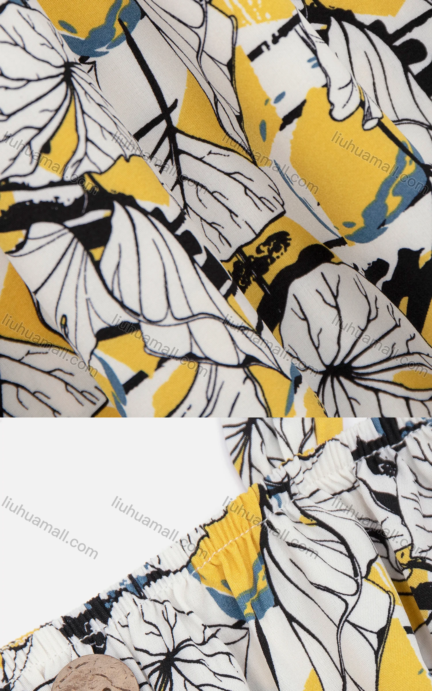 Wholesale Women's Casual Cold Shoulder Button Decor Leaf Print Short Dress 9337# - Liuhuamall