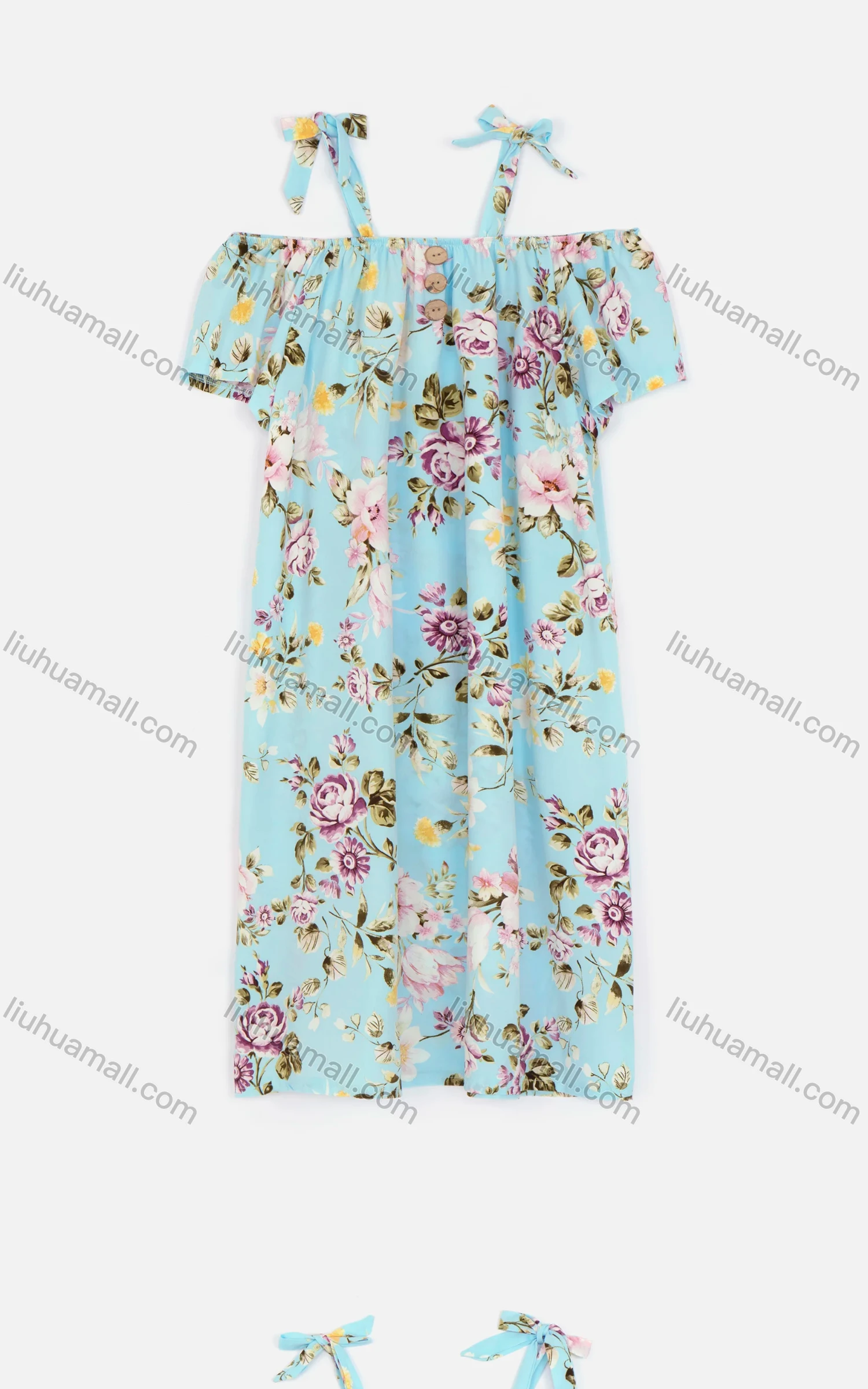 Wholesale Women's Casual Cold Shoulder Bow Knot Button Decor Floral Short Dress 1153# - Liuhuamall