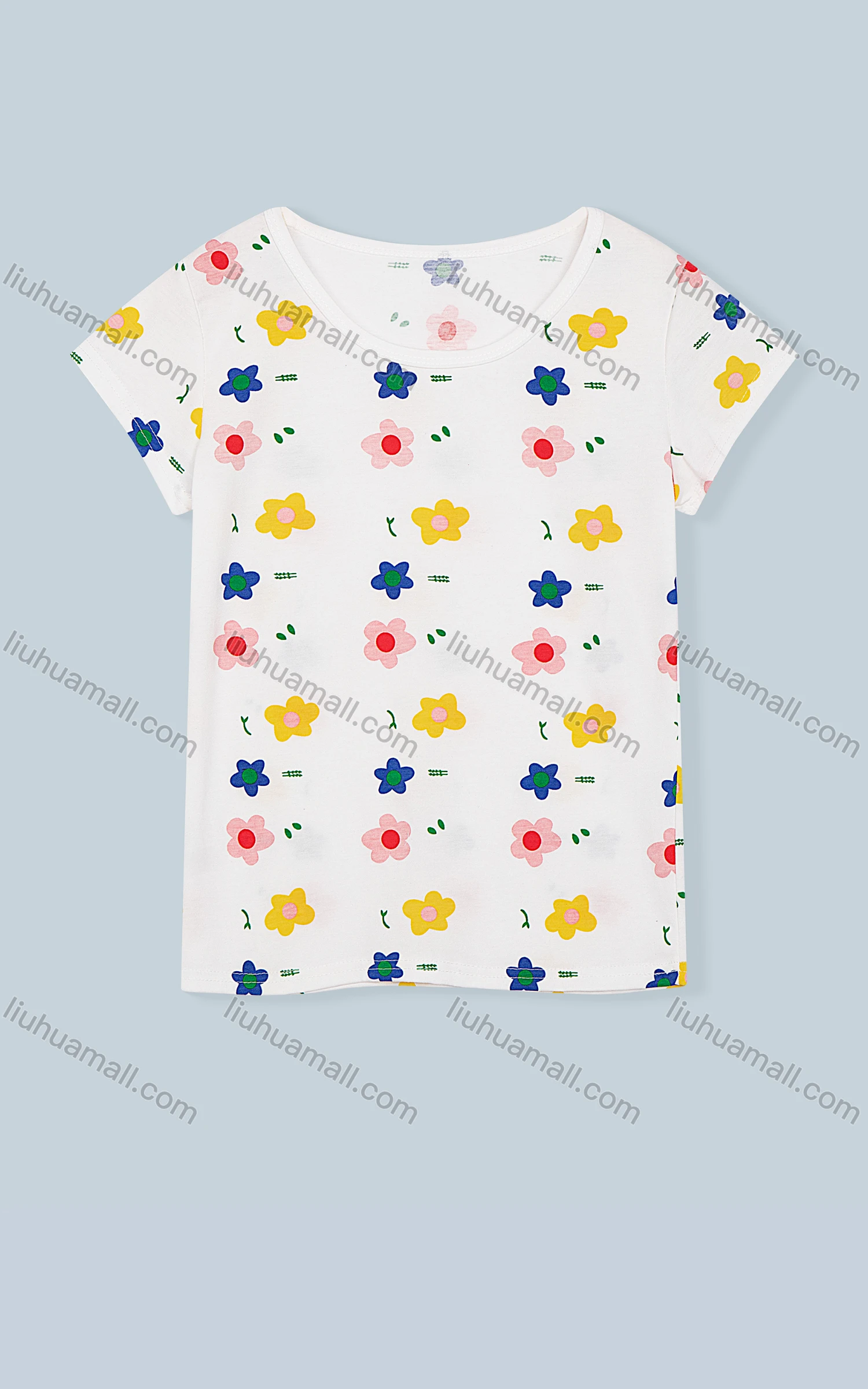 Wholesale Women's Scoop Neck Short Sleeve Cartoon Floral Print Casual T-Shirt 9196# - Liuhuamall