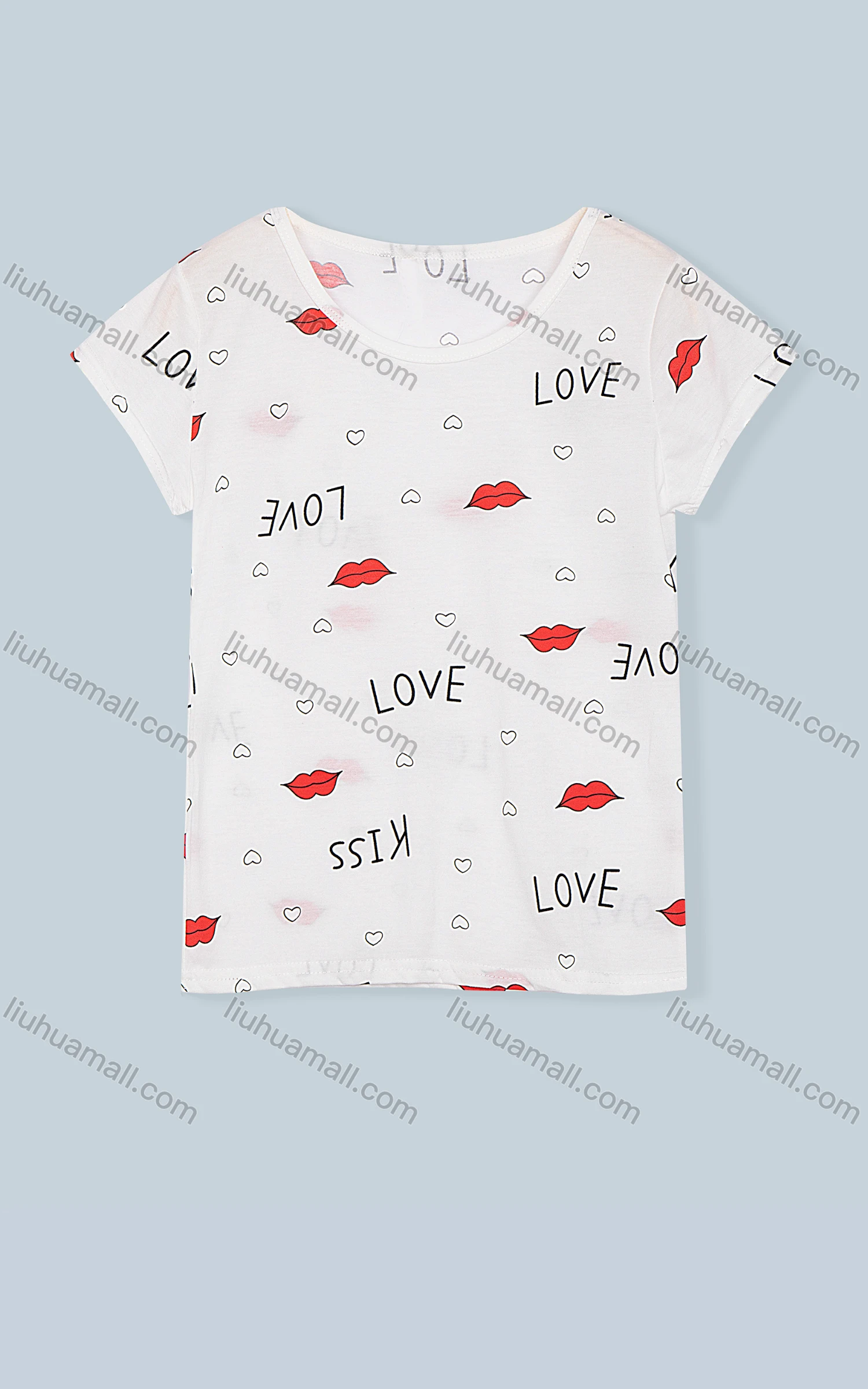 Wholesale Women's Scoop Neck Short Sleeve Letter Heart Lip Print Casual T-Shirt 4307# - Liuhuamall