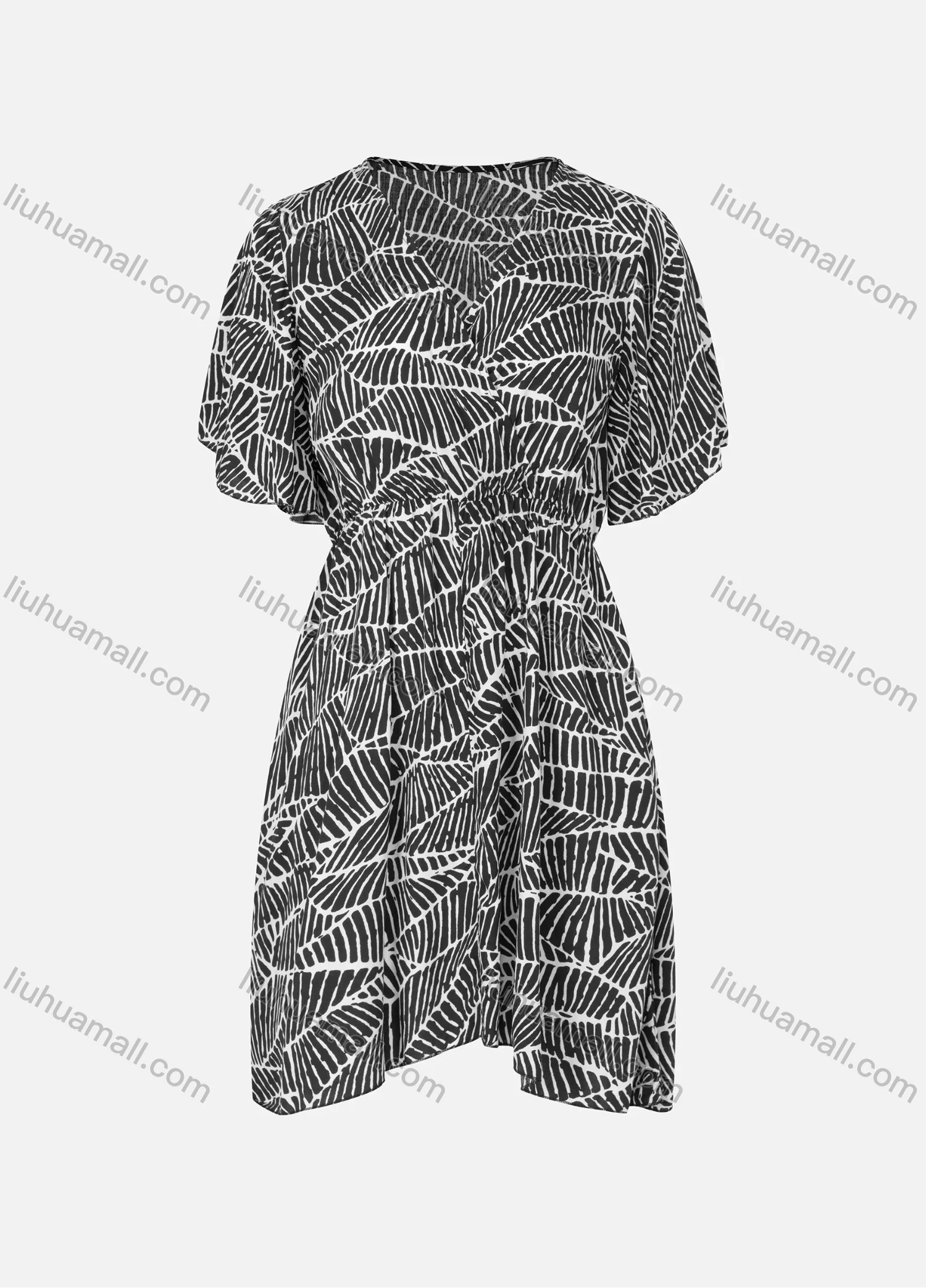 Wholesale Women's Wrap V Neck Ruffle Sleeve Texture Elastic Waist Casual Short Dress - Liuhuamall