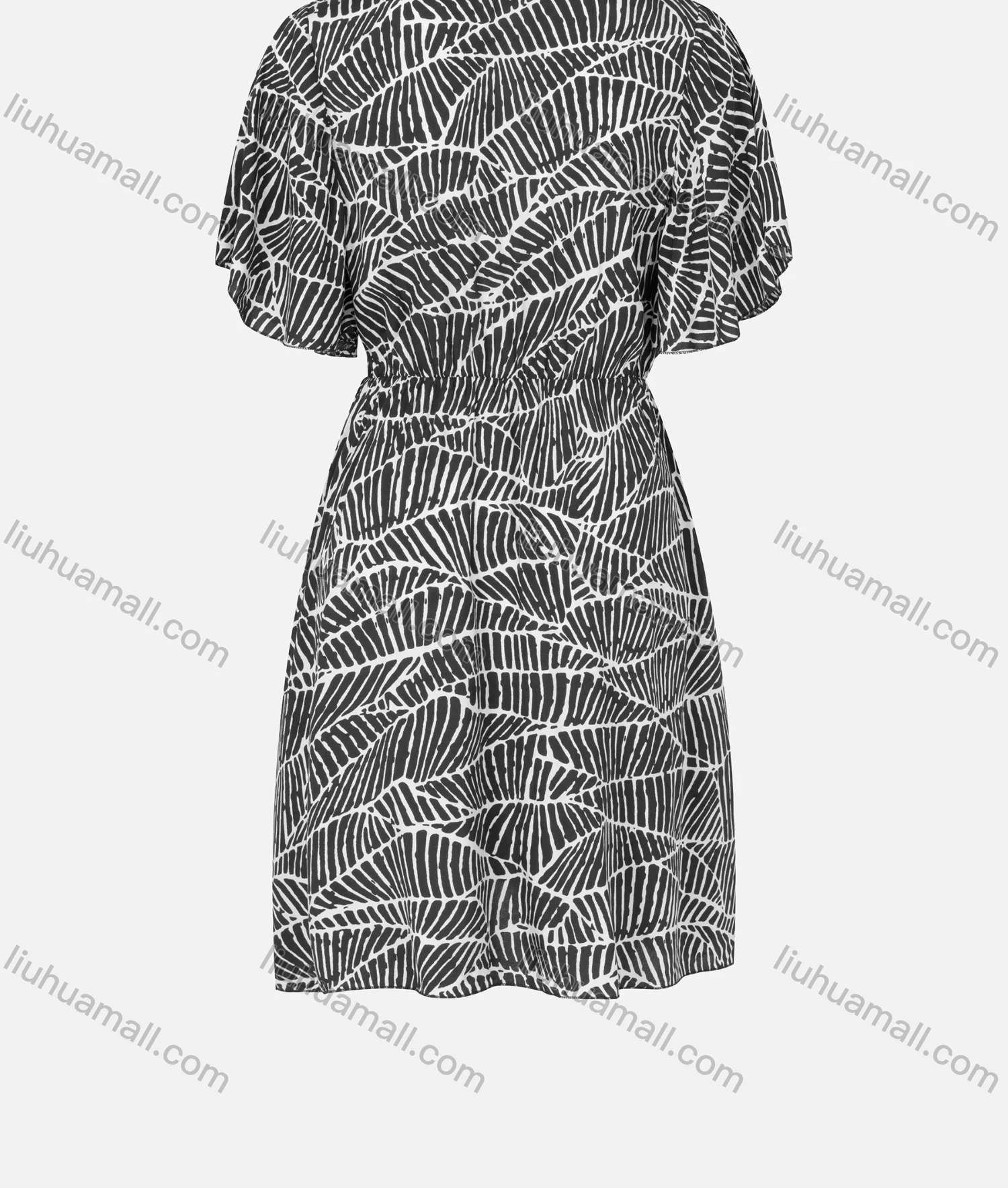 Wholesale Women's Wrap V Neck Ruffle Sleeve Texture Elastic Waist Casual Short Dress - Liuhuamall