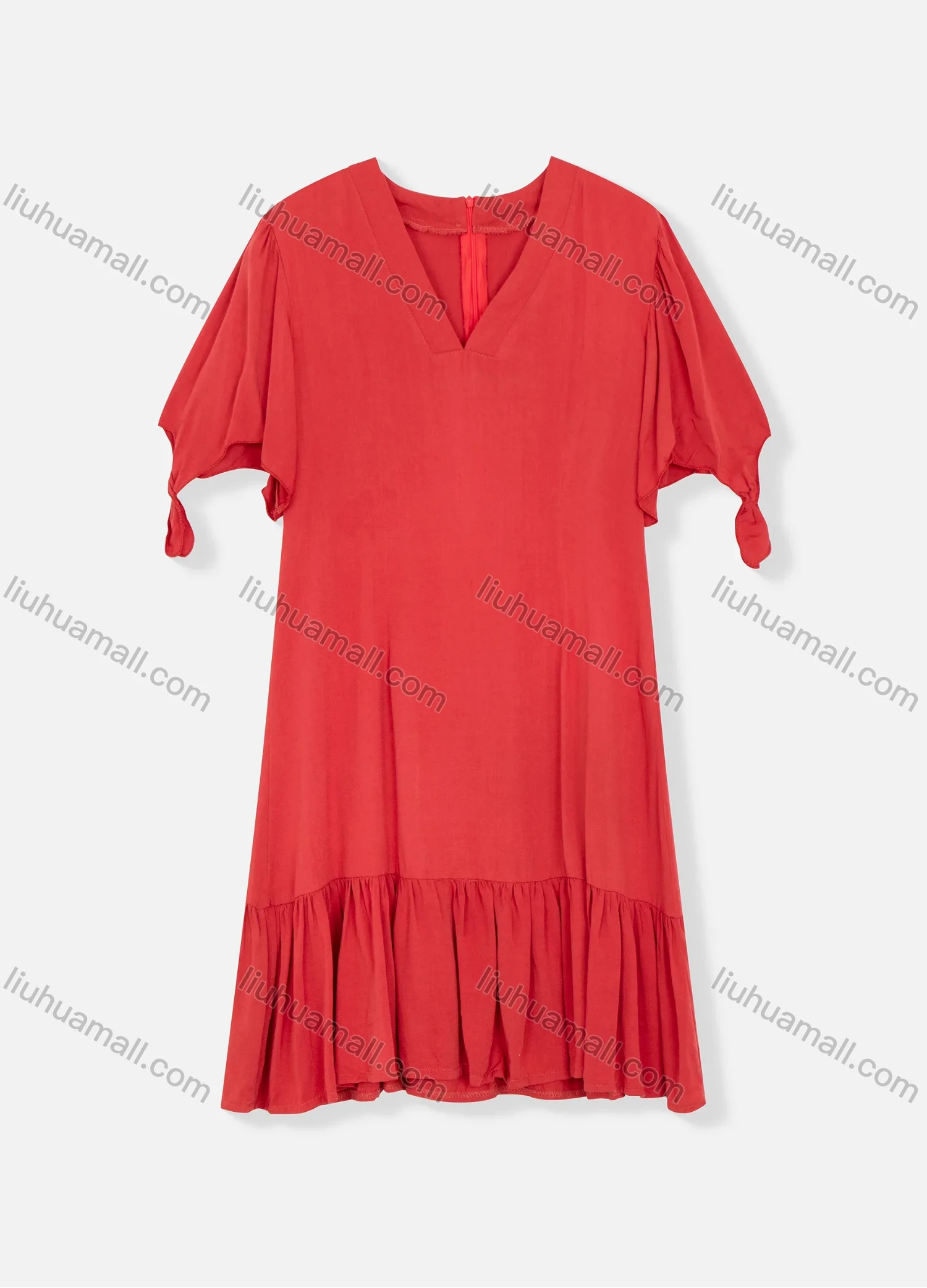 Wholesale Women's Plain V Neck Short Sleeve Zipper Back Ruffle Hem Plain Short Dress - Liuhuamall