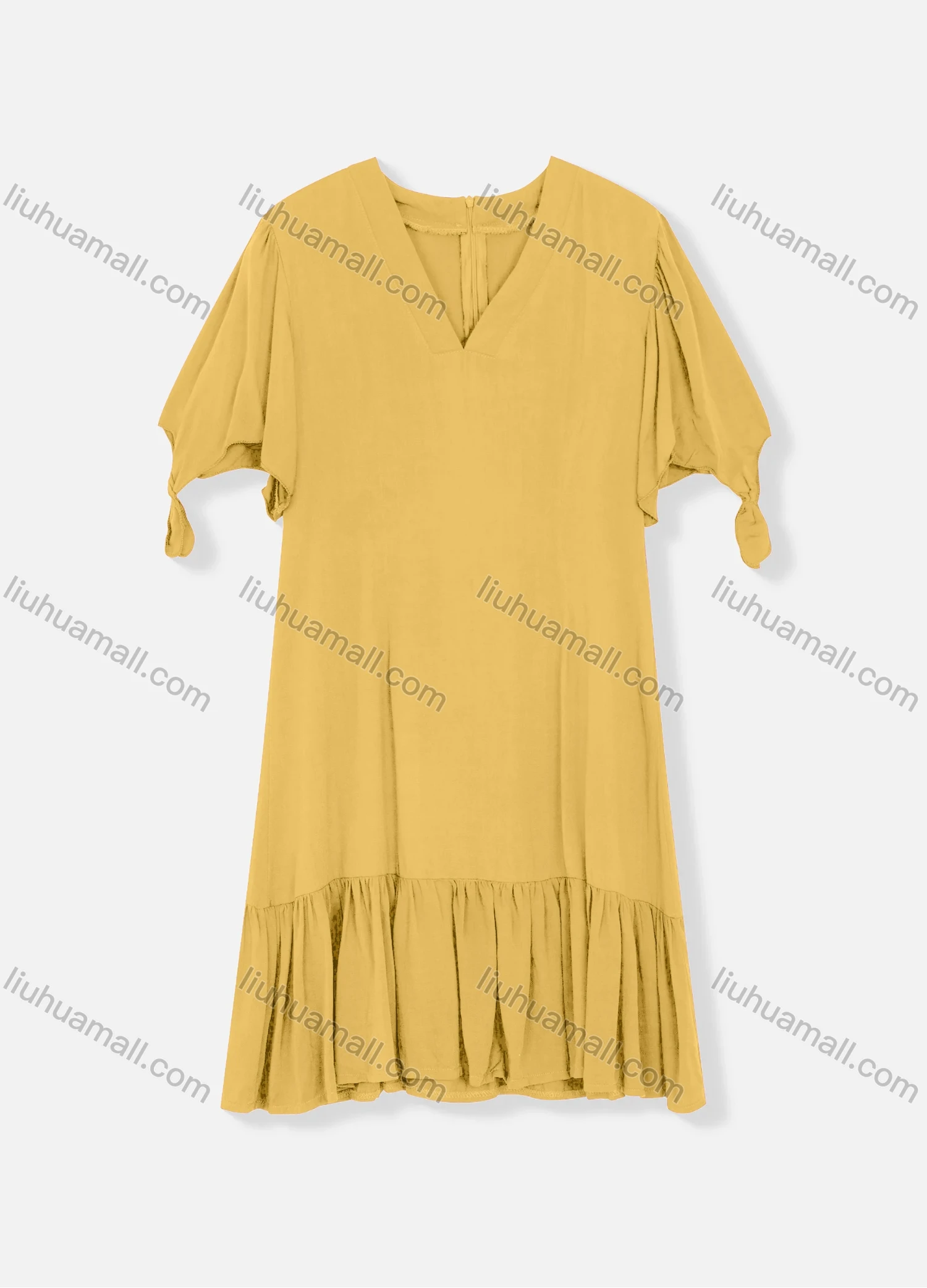 Wholesale Women's Plain V Neck Short Sleeve Zipper Back Ruffle Hem Plain Short Dress - Liuhuamall