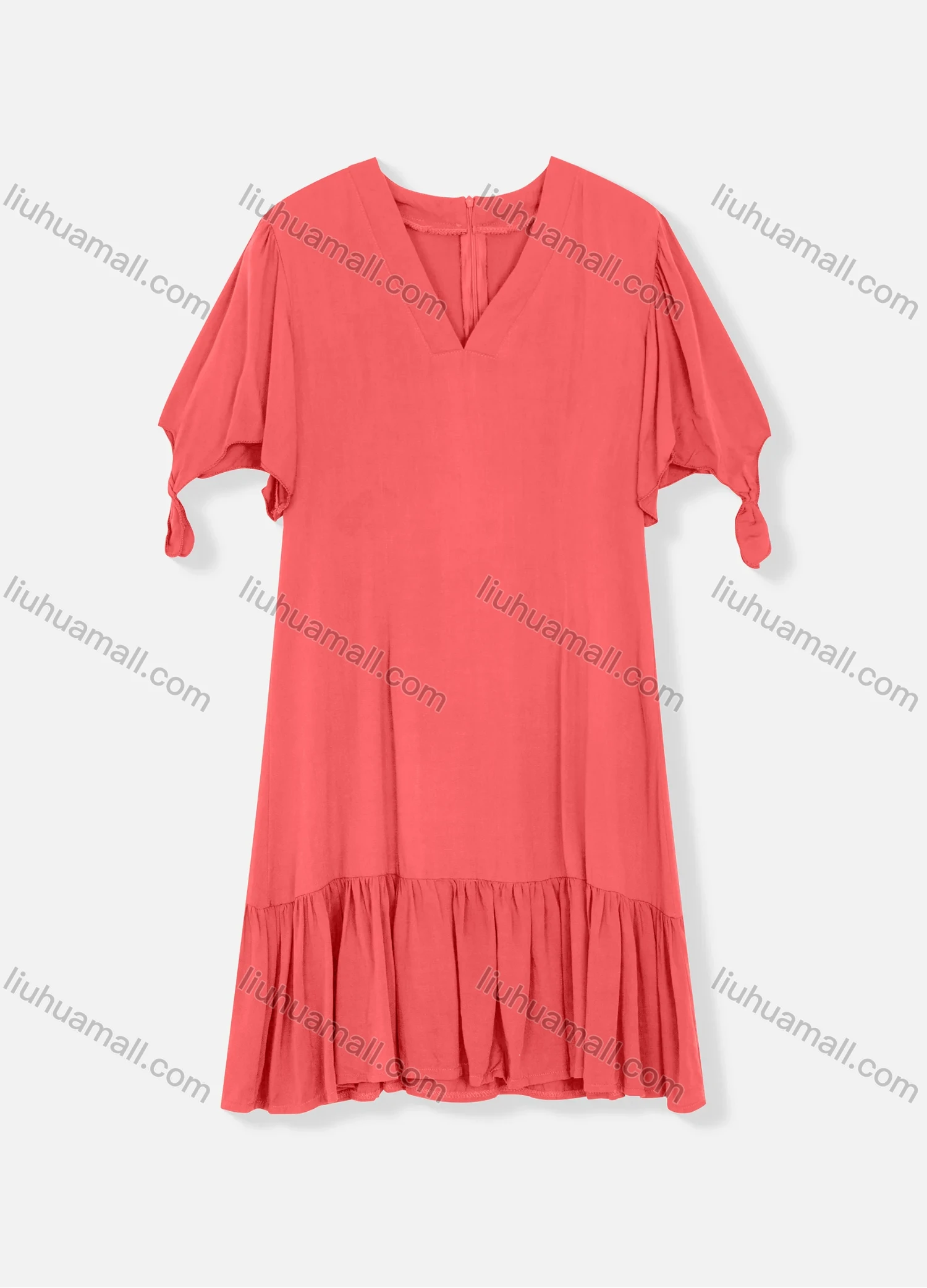 Wholesale Women's Plain V Neck Short Sleeve Zipper Back Ruffle Hem Plain Short Dress - Liuhuamall