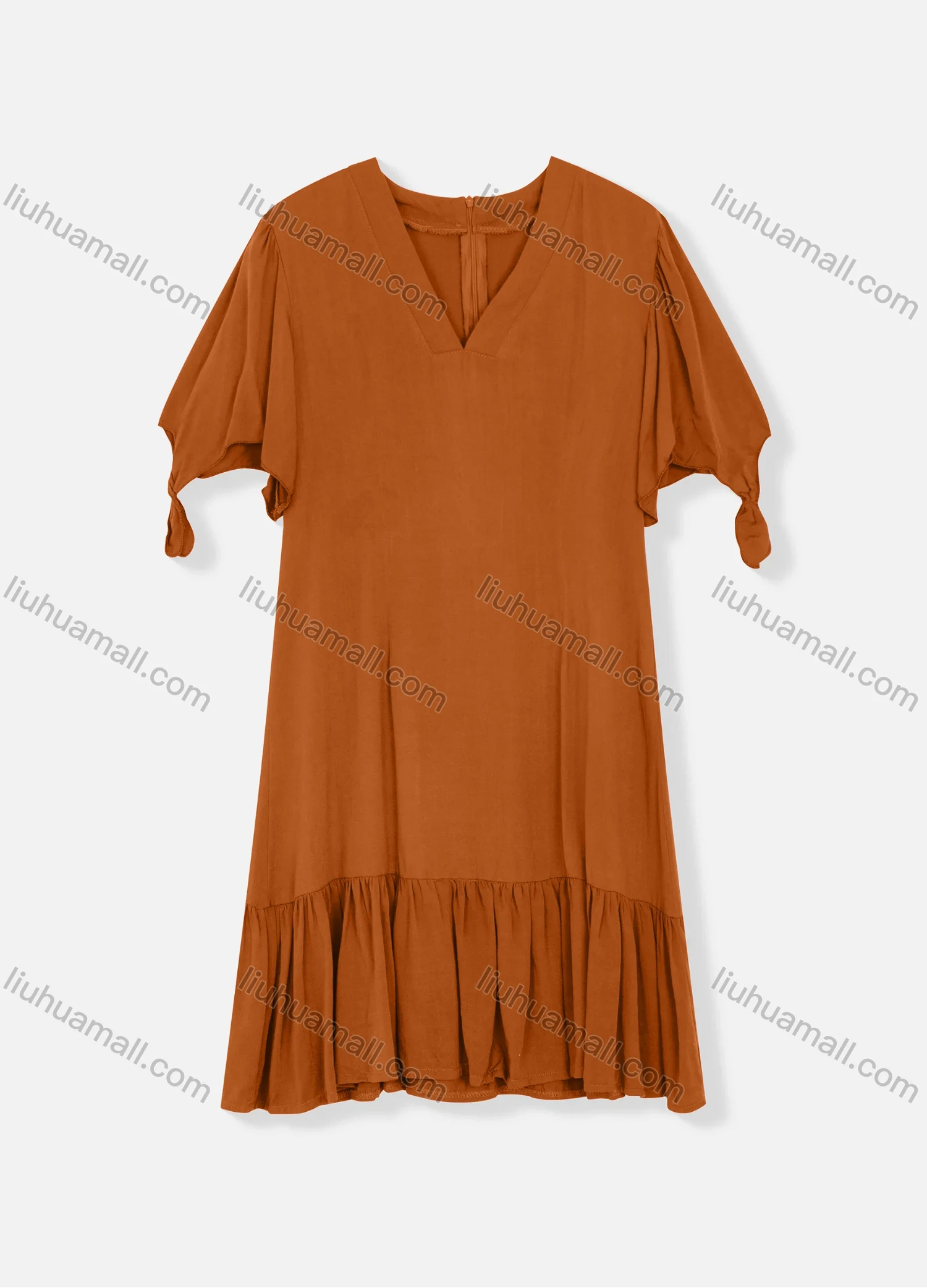 Wholesale Women's Plain V Neck Short Sleeve Zipper Back Ruffle Hem Plain Short Dress - Liuhuamall