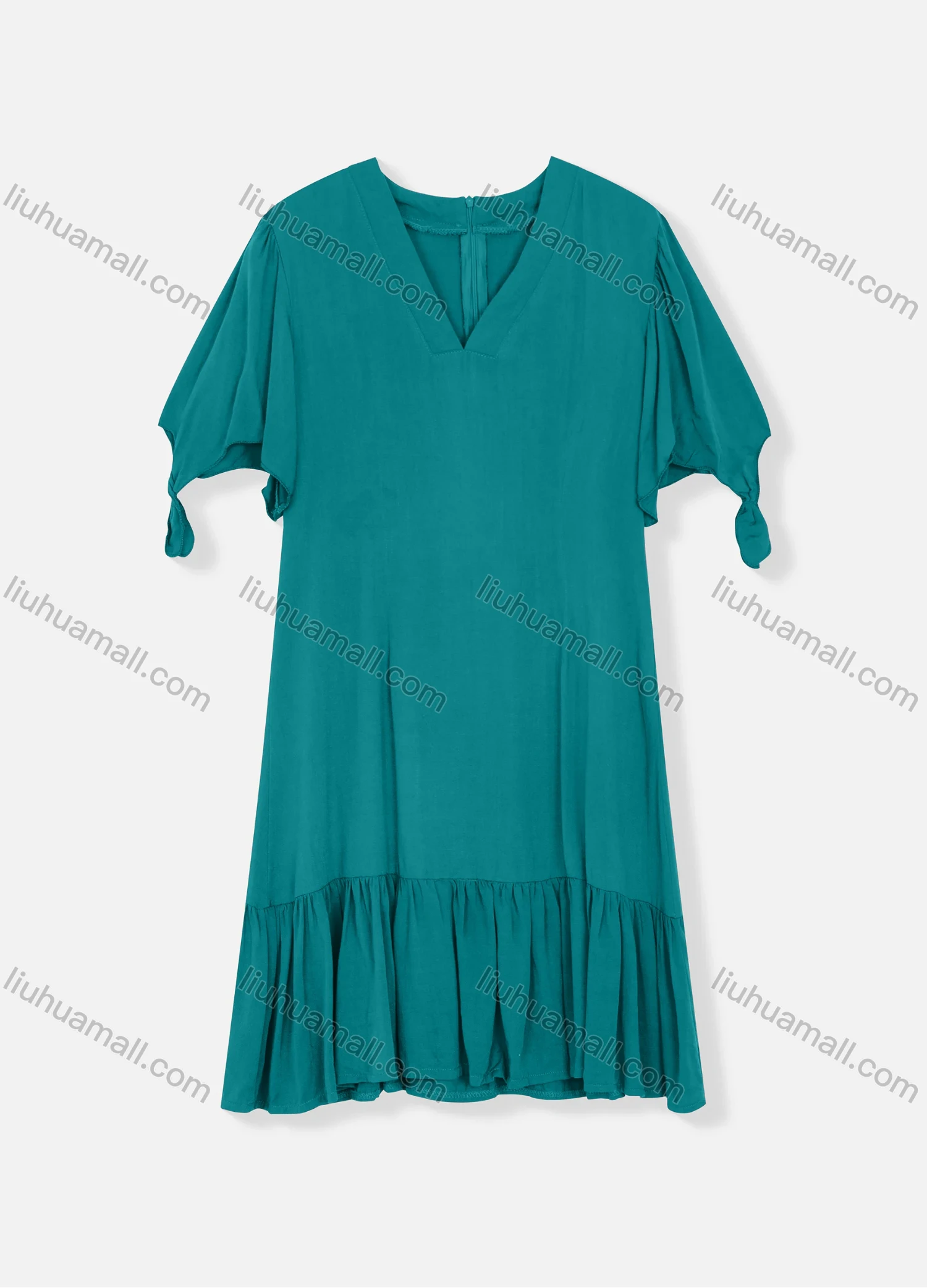 Wholesale Women's Plain V Neck Short Sleeve Zipper Back Ruffle Hem Plain Short Dress - Liuhuamall