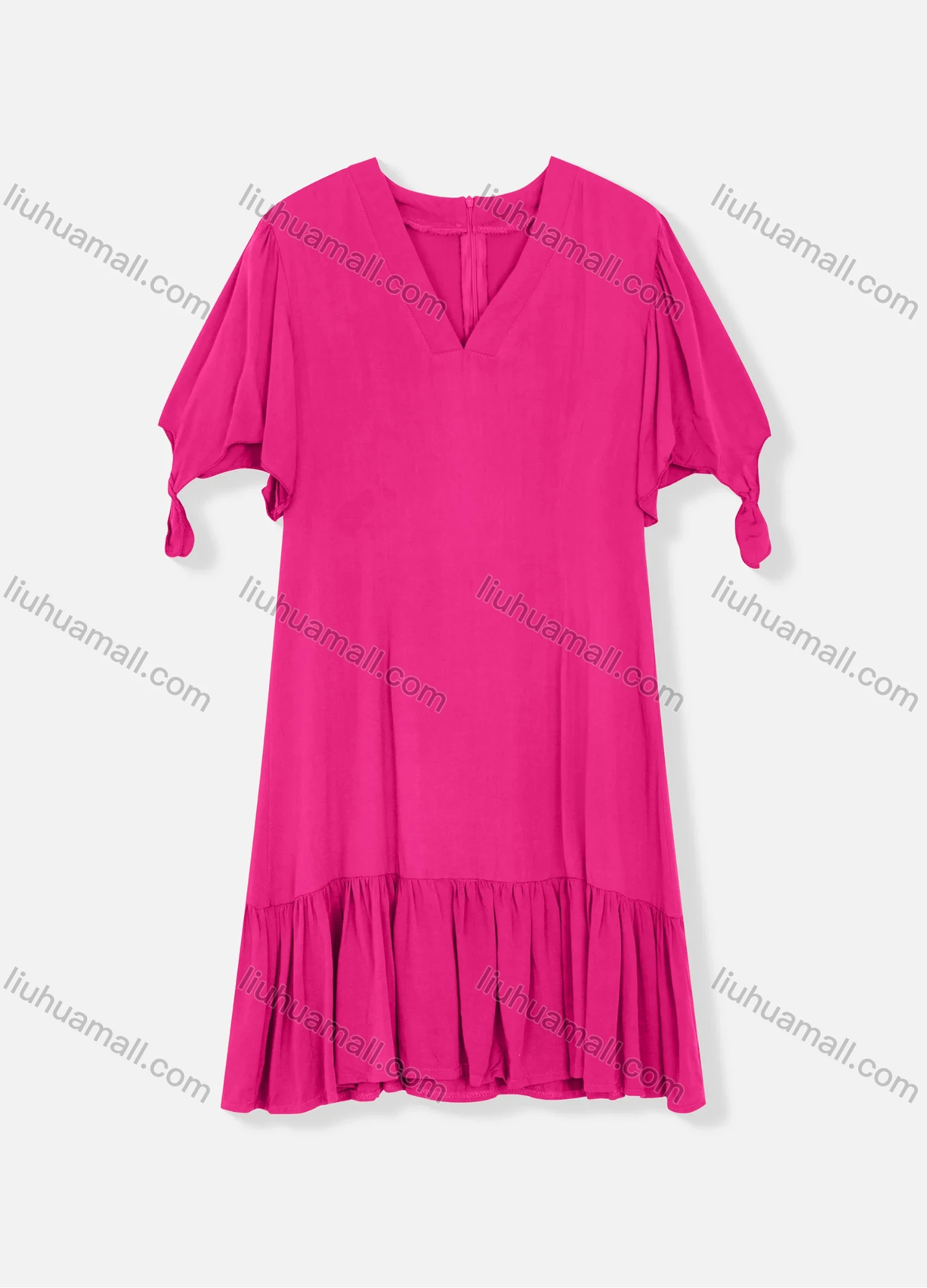 Wholesale Women's Plain V Neck Short Sleeve Zipper Back Ruffle Hem Plain Short Dress - Liuhuamall