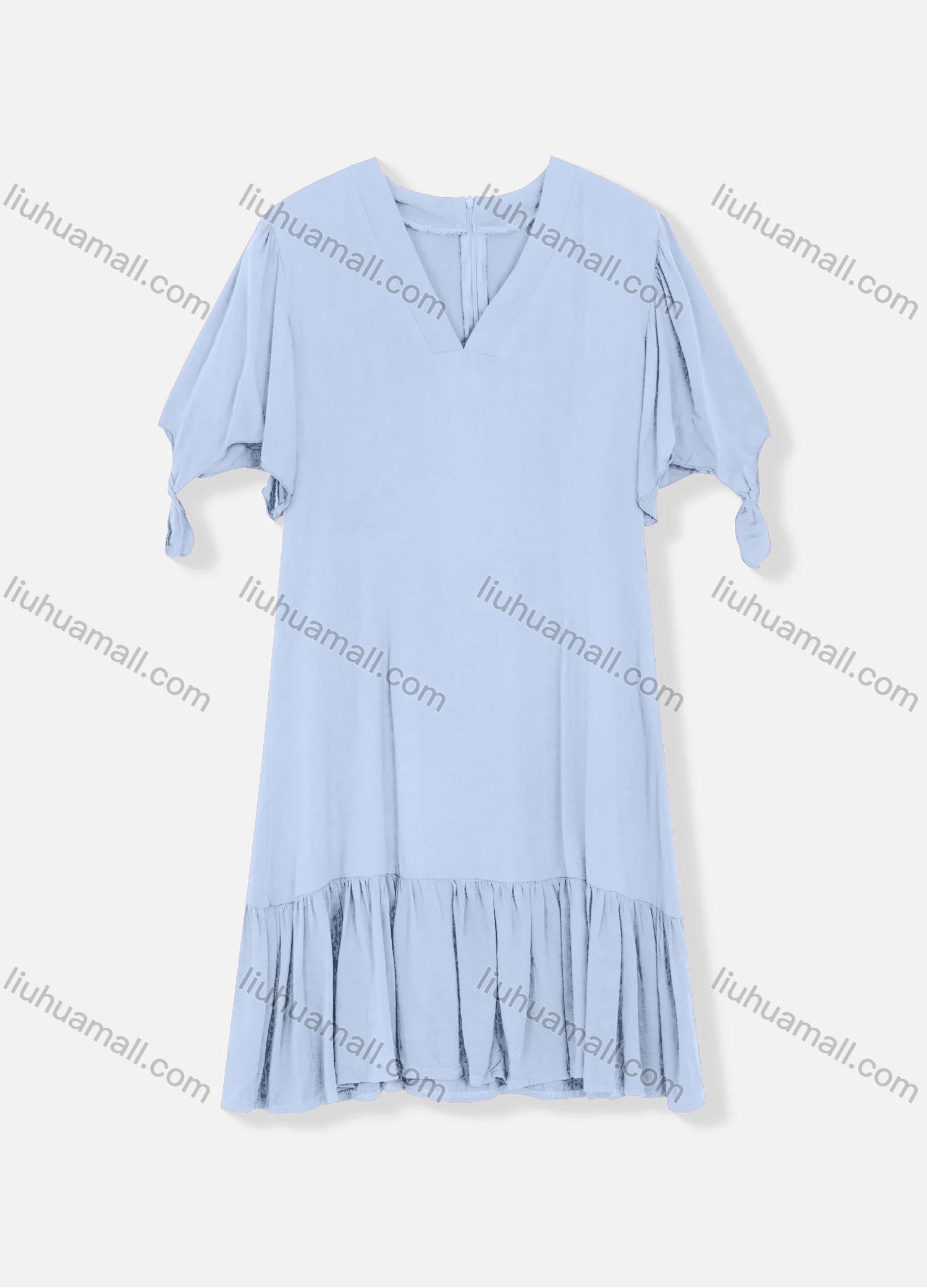 Wholesale Women's Plain V Neck Short Sleeve Zipper Back Ruffle Hem Plain Short Dress - Liuhuamall